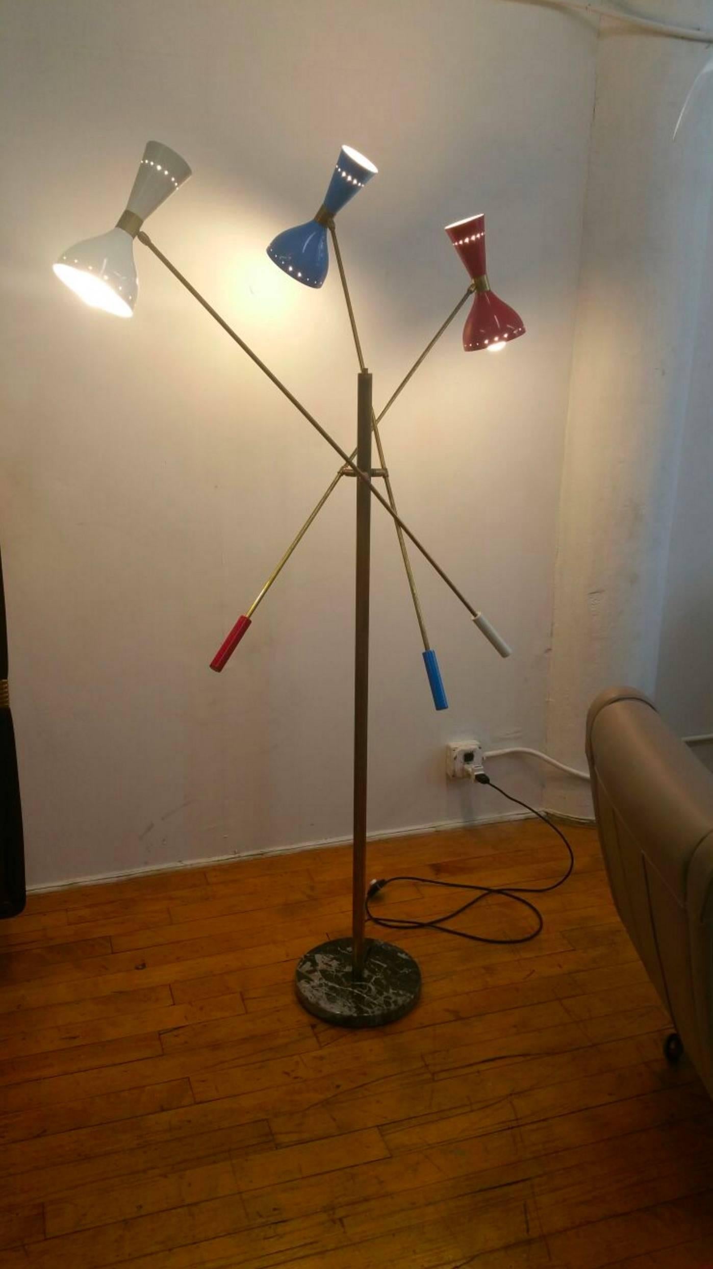 Mid-Century Modern Italian Three-Arm Floor Lamp with brass arms and marble base