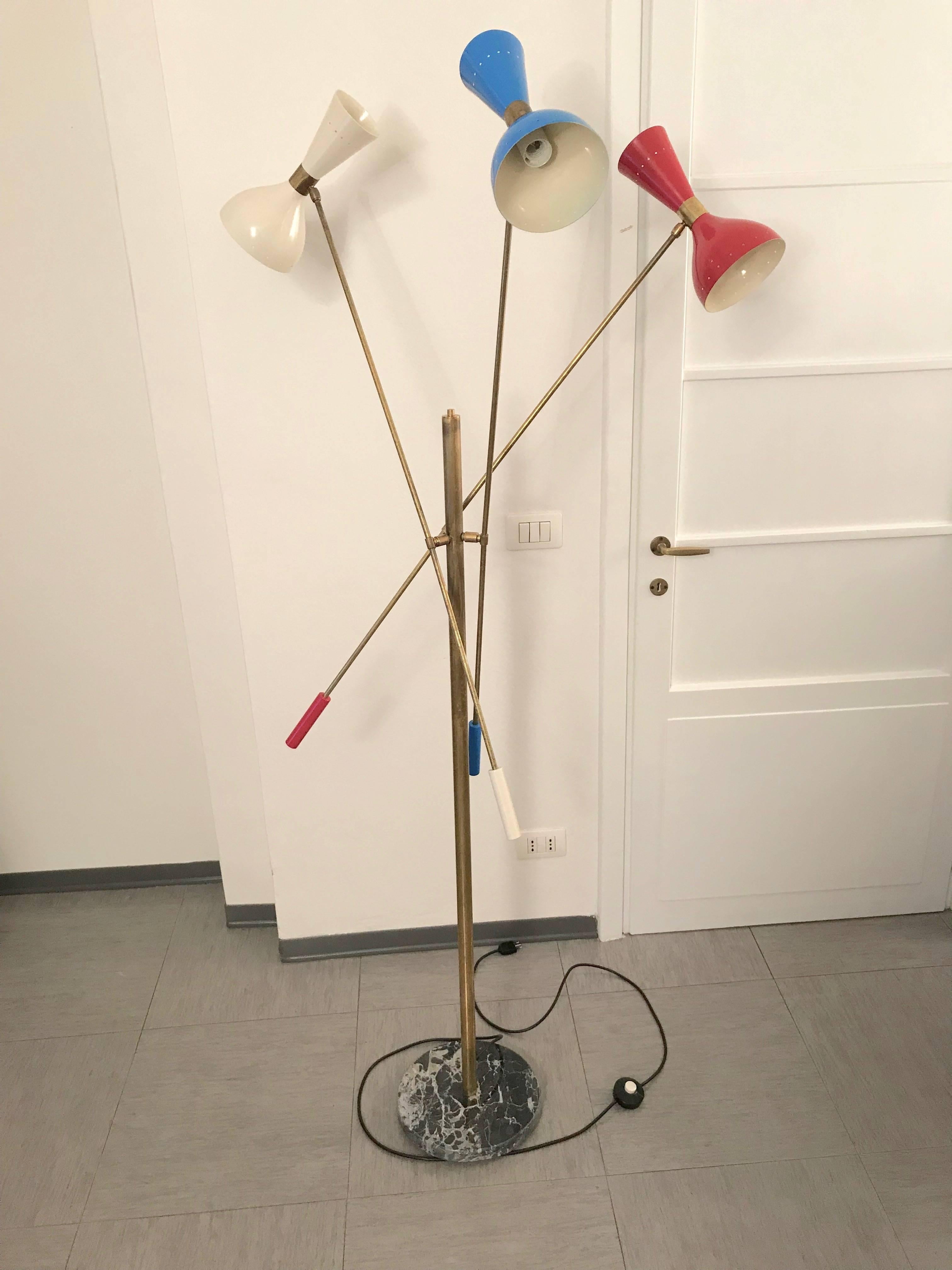 Enameled Italian Three-Arm Floor Lamp with brass arms and marble base
