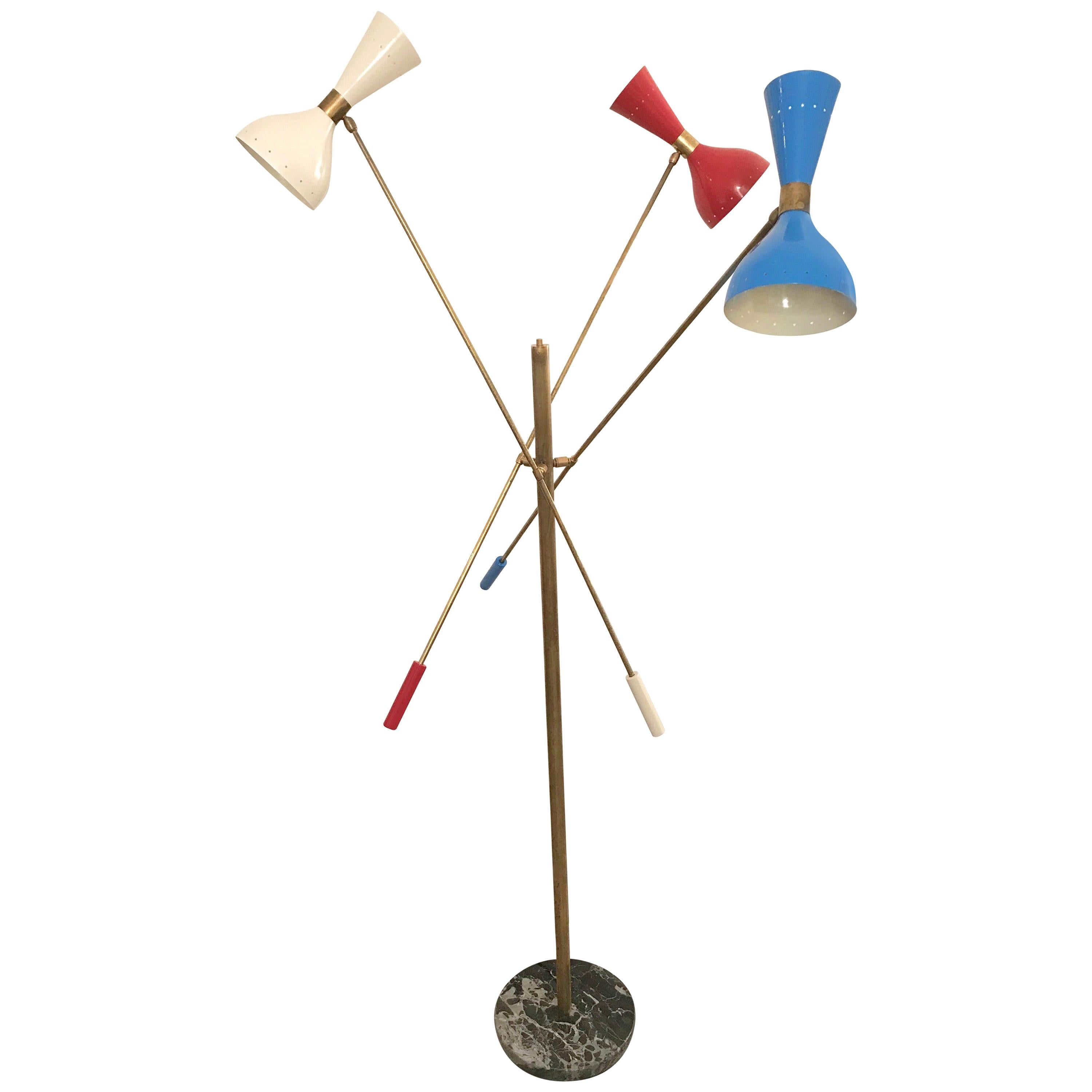 Italian Three-Arm Floor Lamp with brass arms and marble base