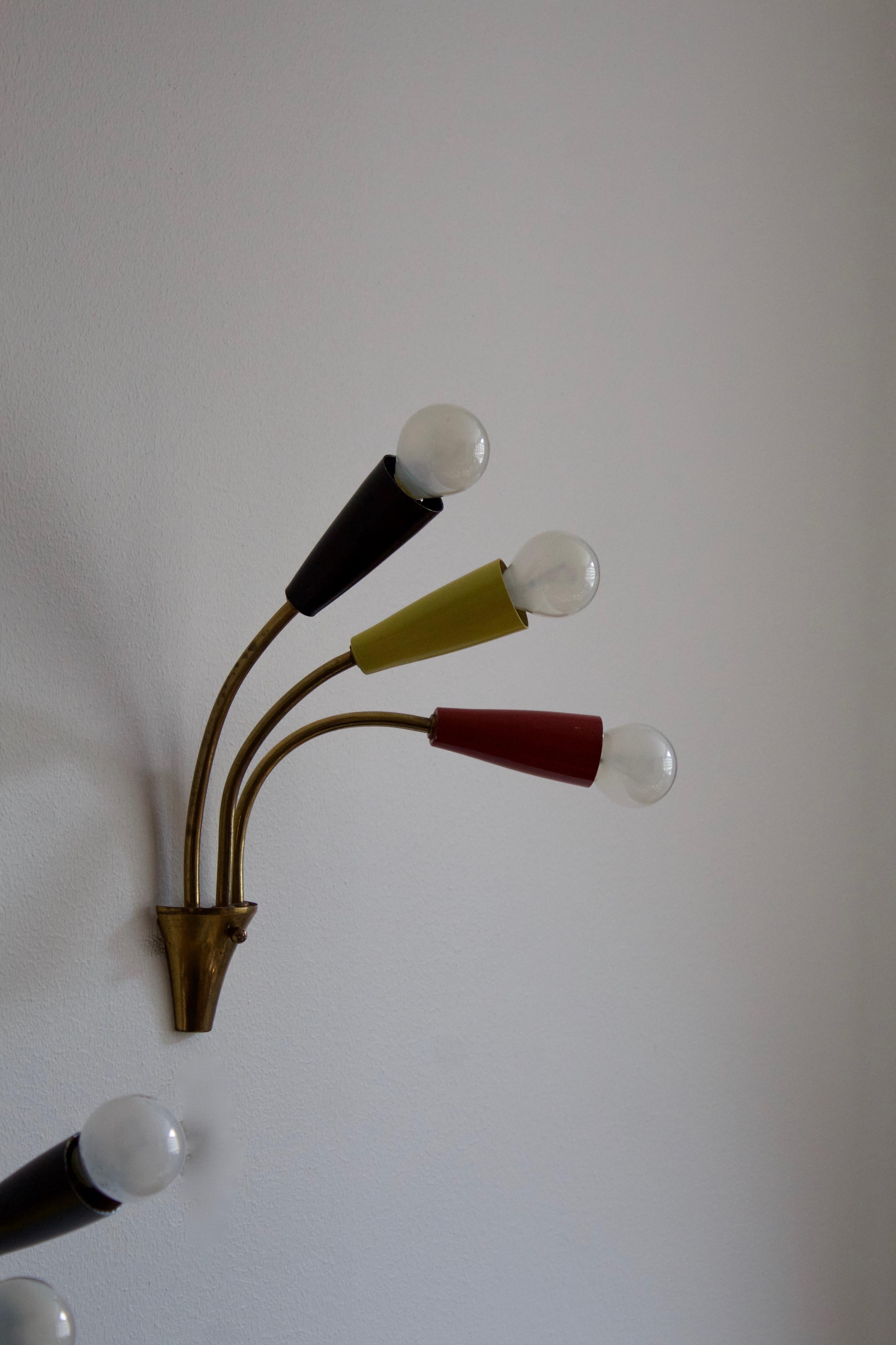Mid-Century Modern Italian, Three-Armed Wall Lights, Brass, Lacquered Metal, Italy, 1950s For Sale