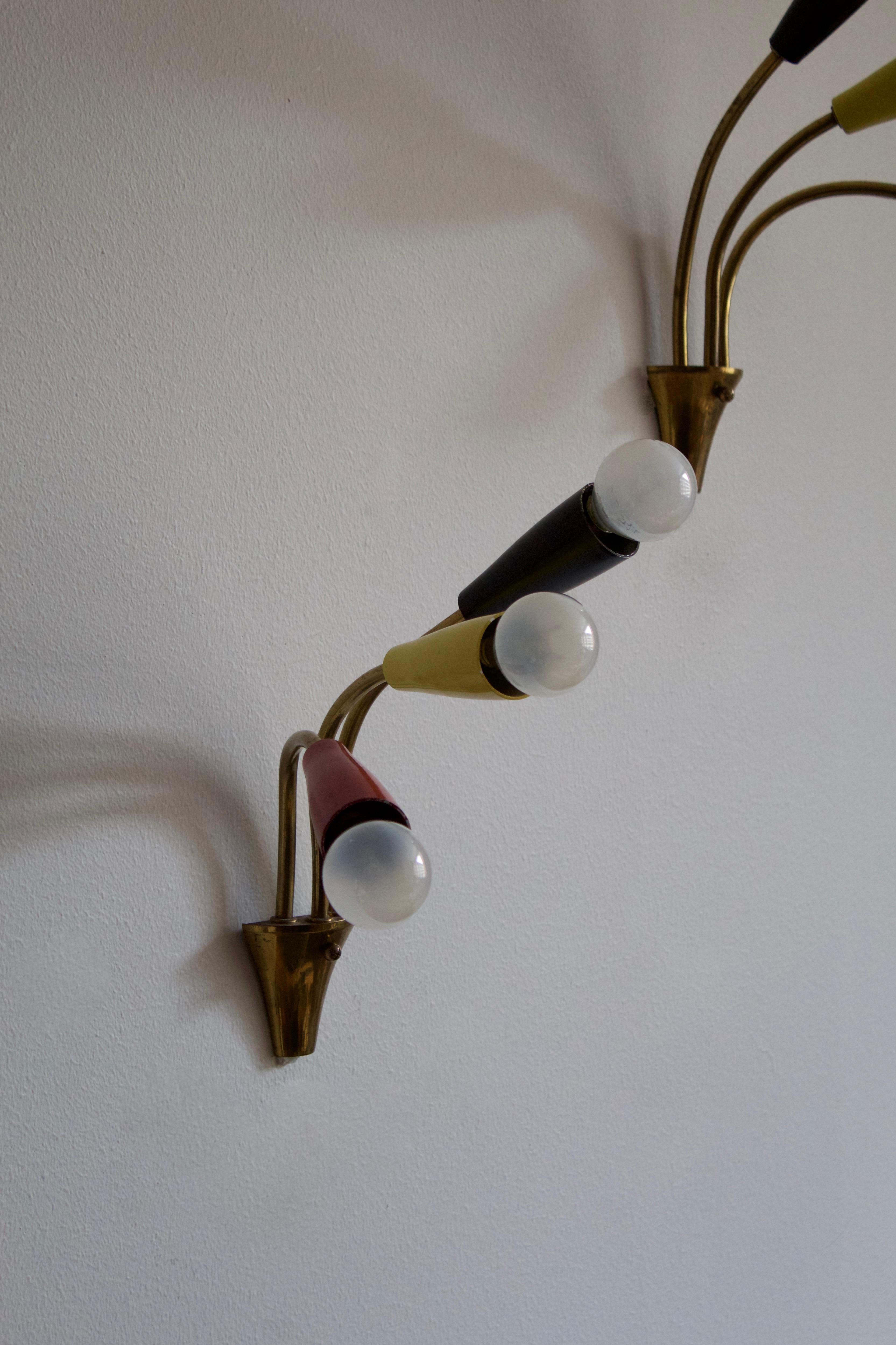 Italian, Three-Armed Wall Lights, Brass, Lacquered Metal, Italy, 1950s In Good Condition For Sale In High Point, NC