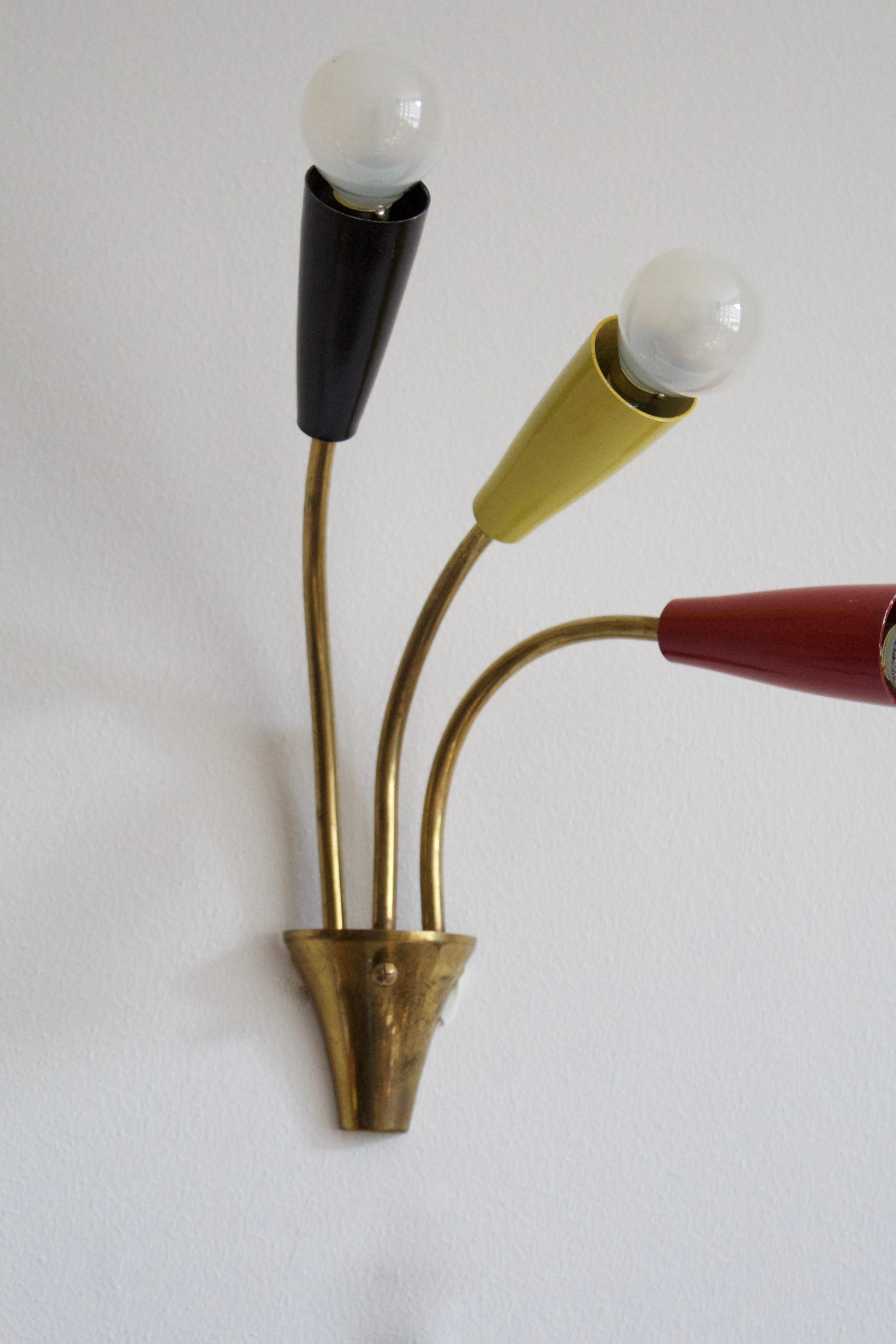 Mid-20th Century Italian, Three-Armed Wall Lights, Brass, Lacquered Metal, Italy, 1950s For Sale