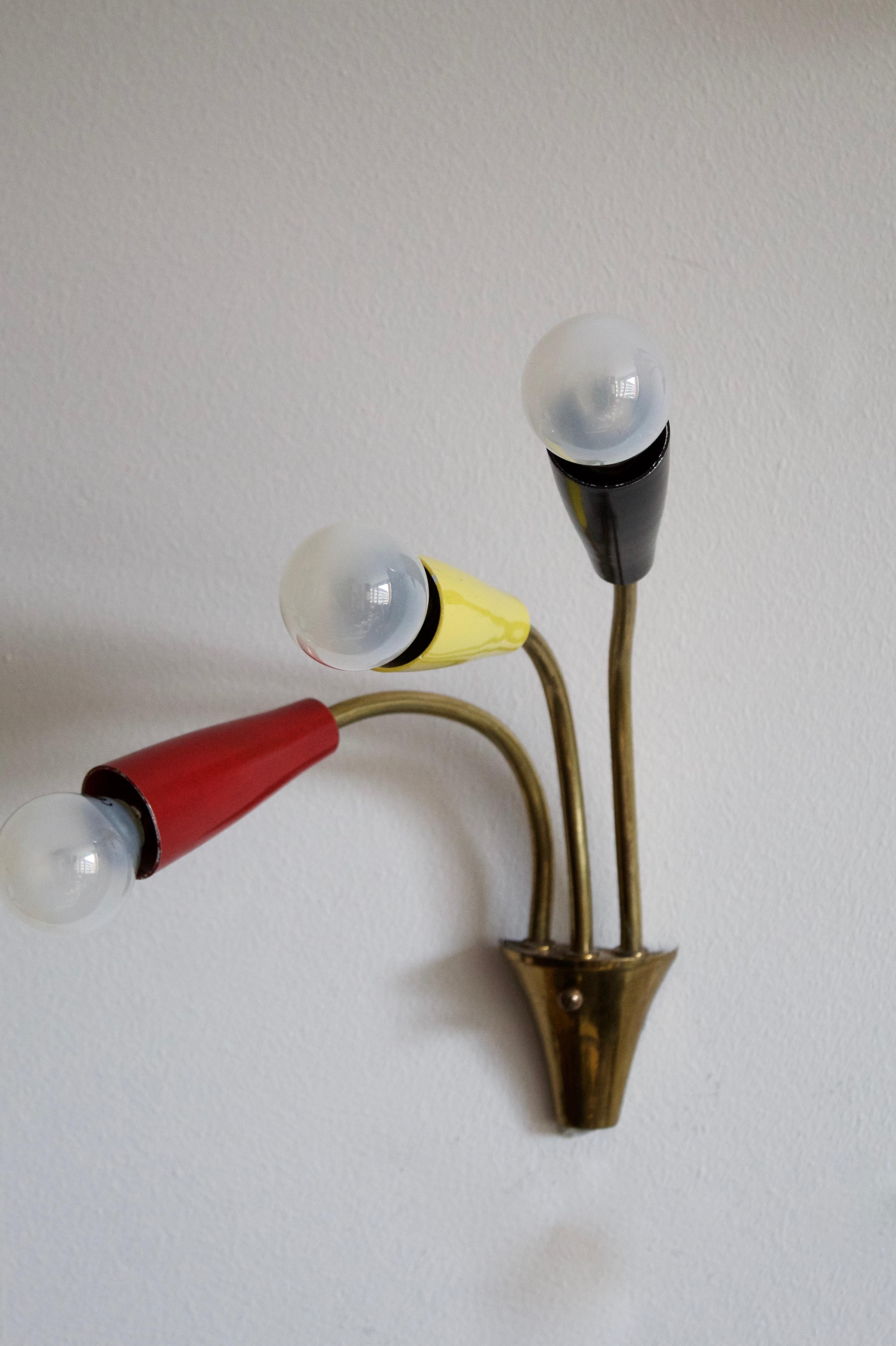 Italian, Three-Armed Wall Lights, Brass, Lacquered Metal, Italy, 1950s For Sale 1