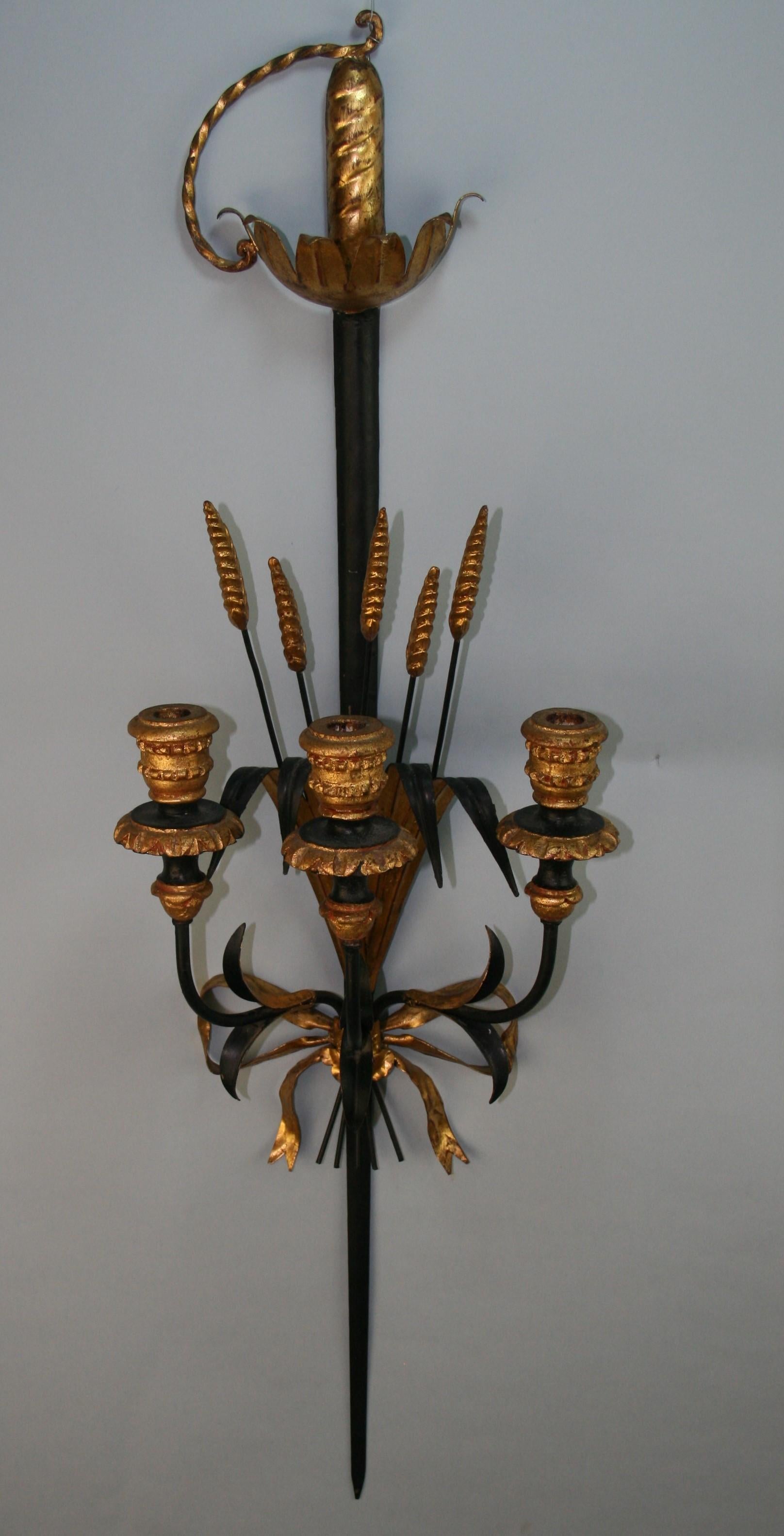 Italian hand crafted 3 candle sword sconce by Palladio