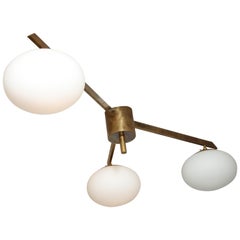 Italian Three Globe Opaline Glass Elongated Chandelier with Brass Frame