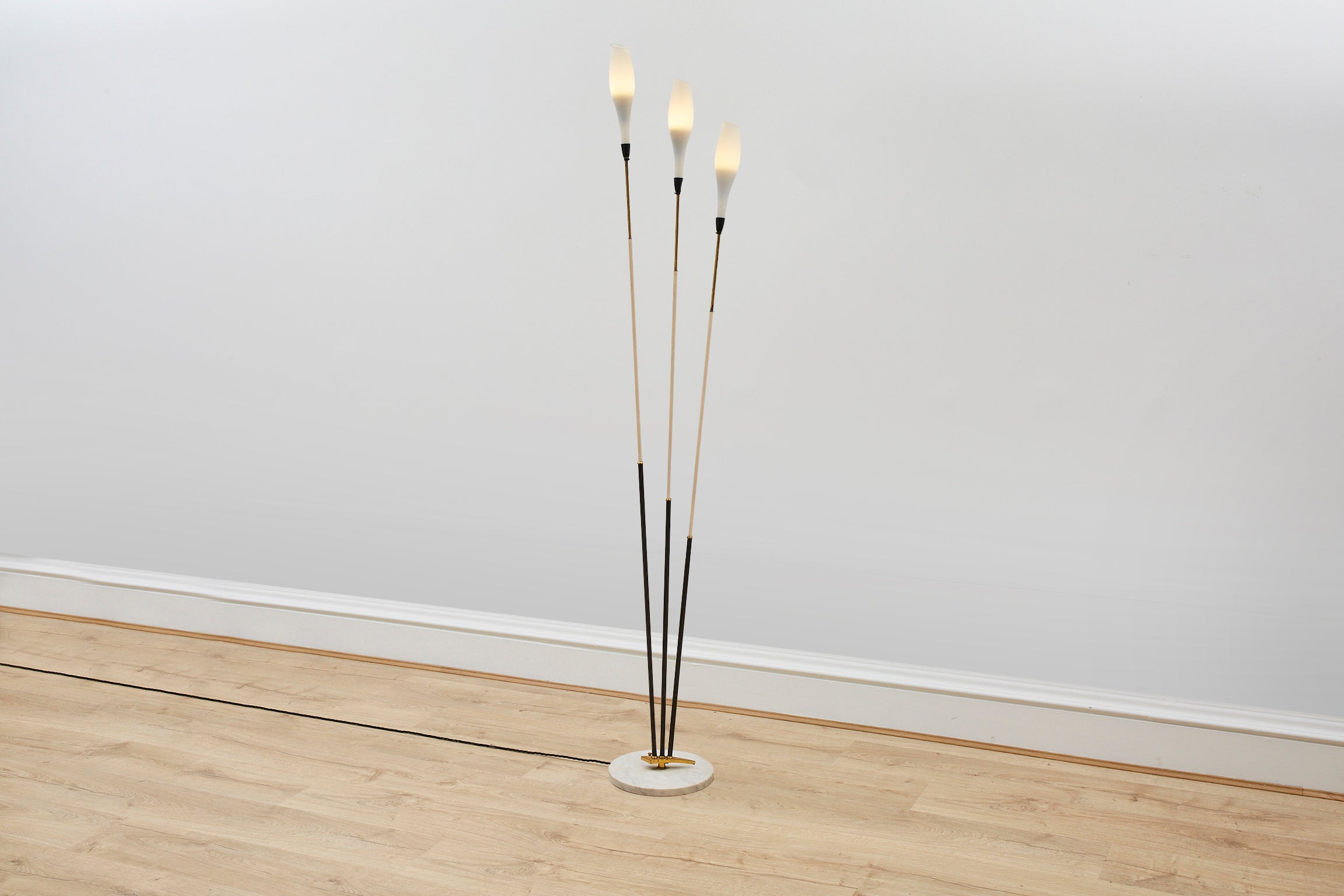 Italian Three Head Floor Lamp, Frosted Torchiere Shade Set on White Marble  For Sale