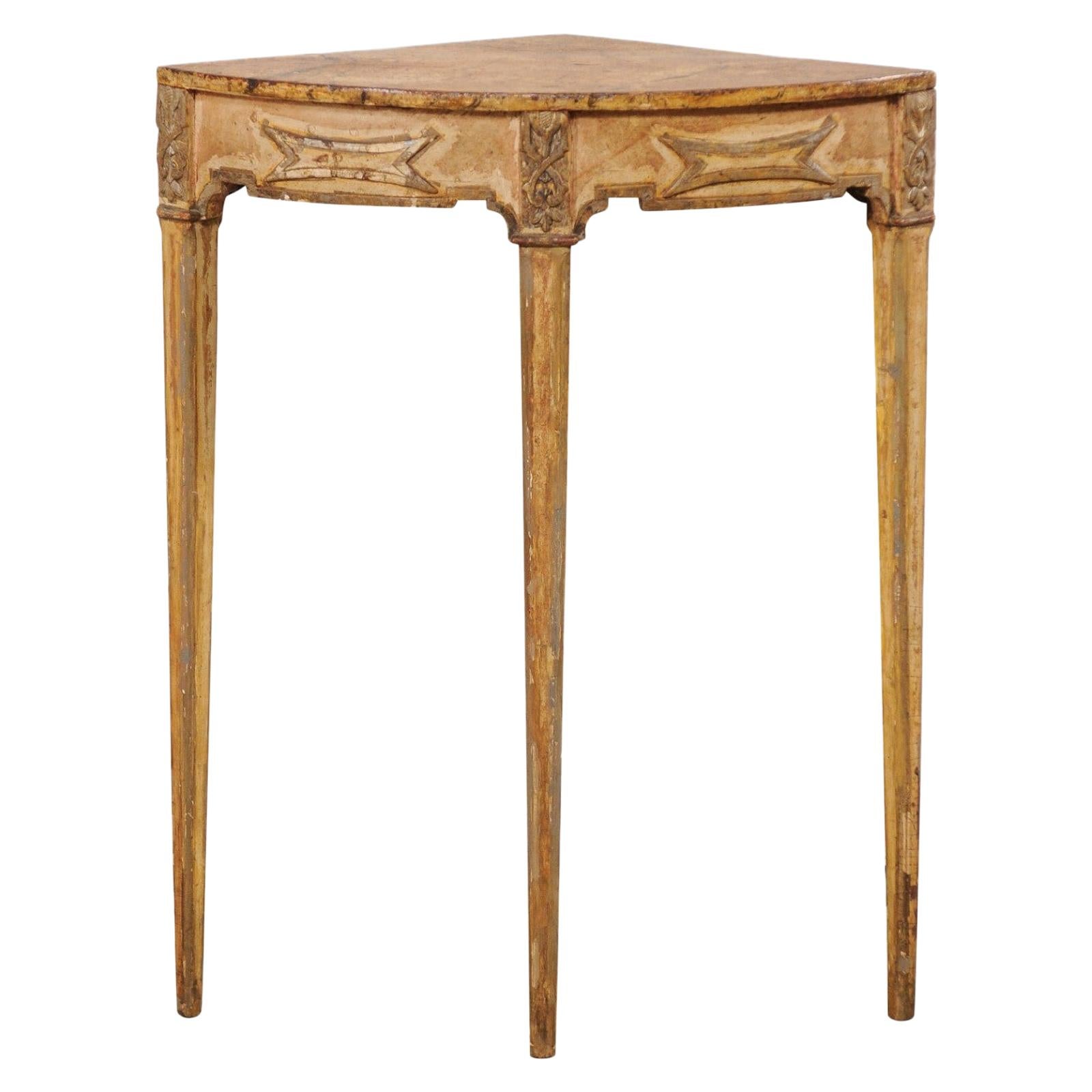 Italian Three-Legged Corner Table with Faux Marble Painted Top, Mid-20th Century