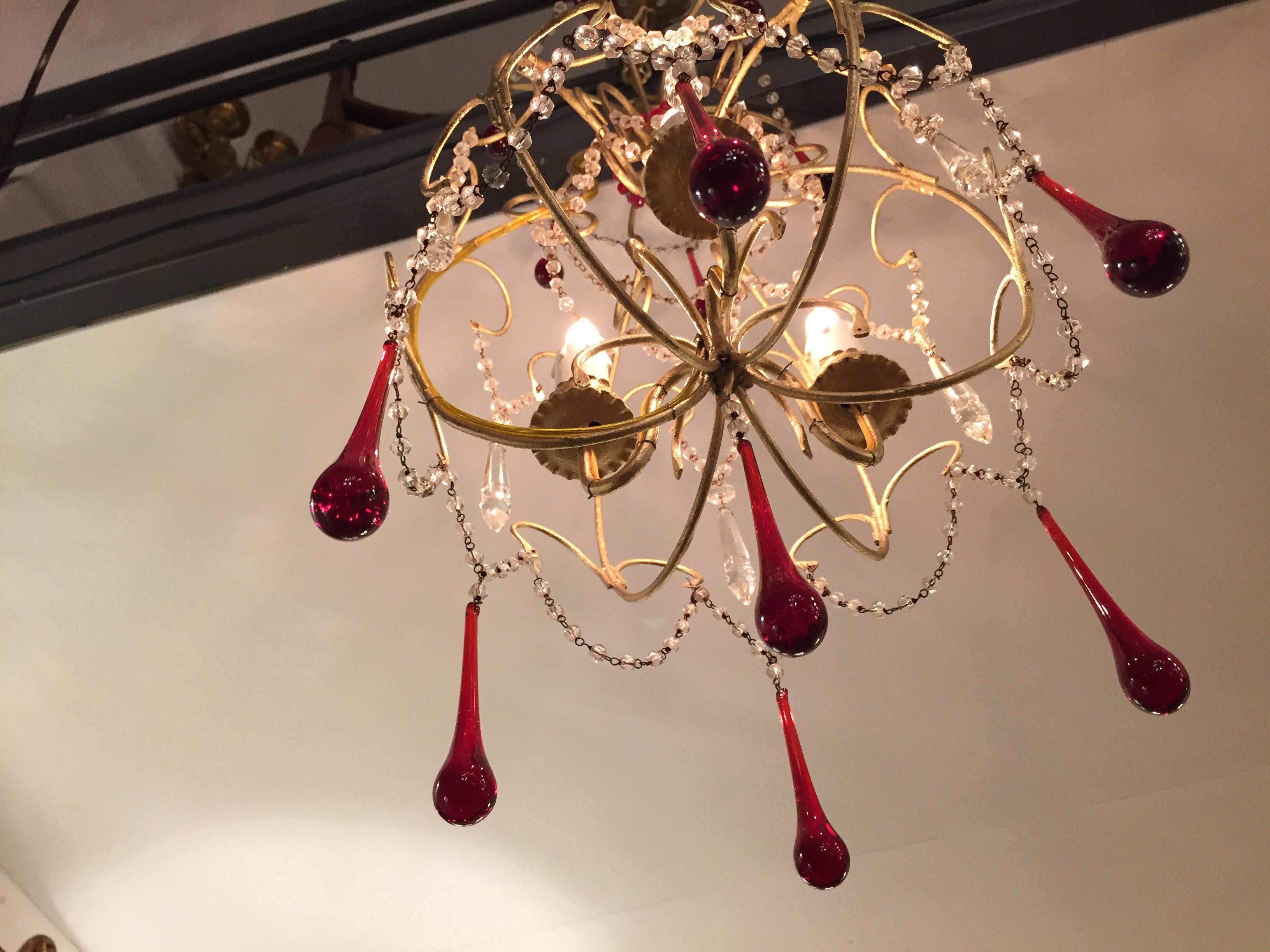 Italian Crystal Chandelier Red Glass Drops Gilt Brass Cage 1970s 10