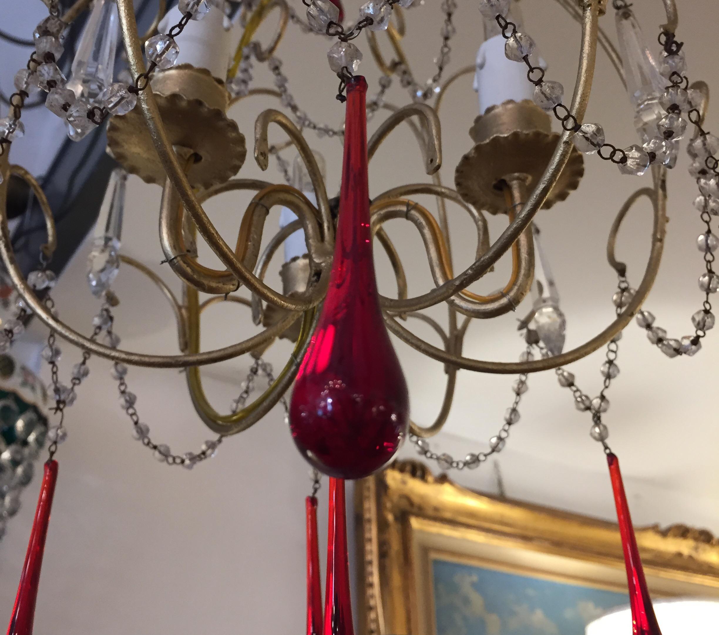 Italian Crystal Chandelier Red Glass Drops Gilt Brass Cage 1970s 12