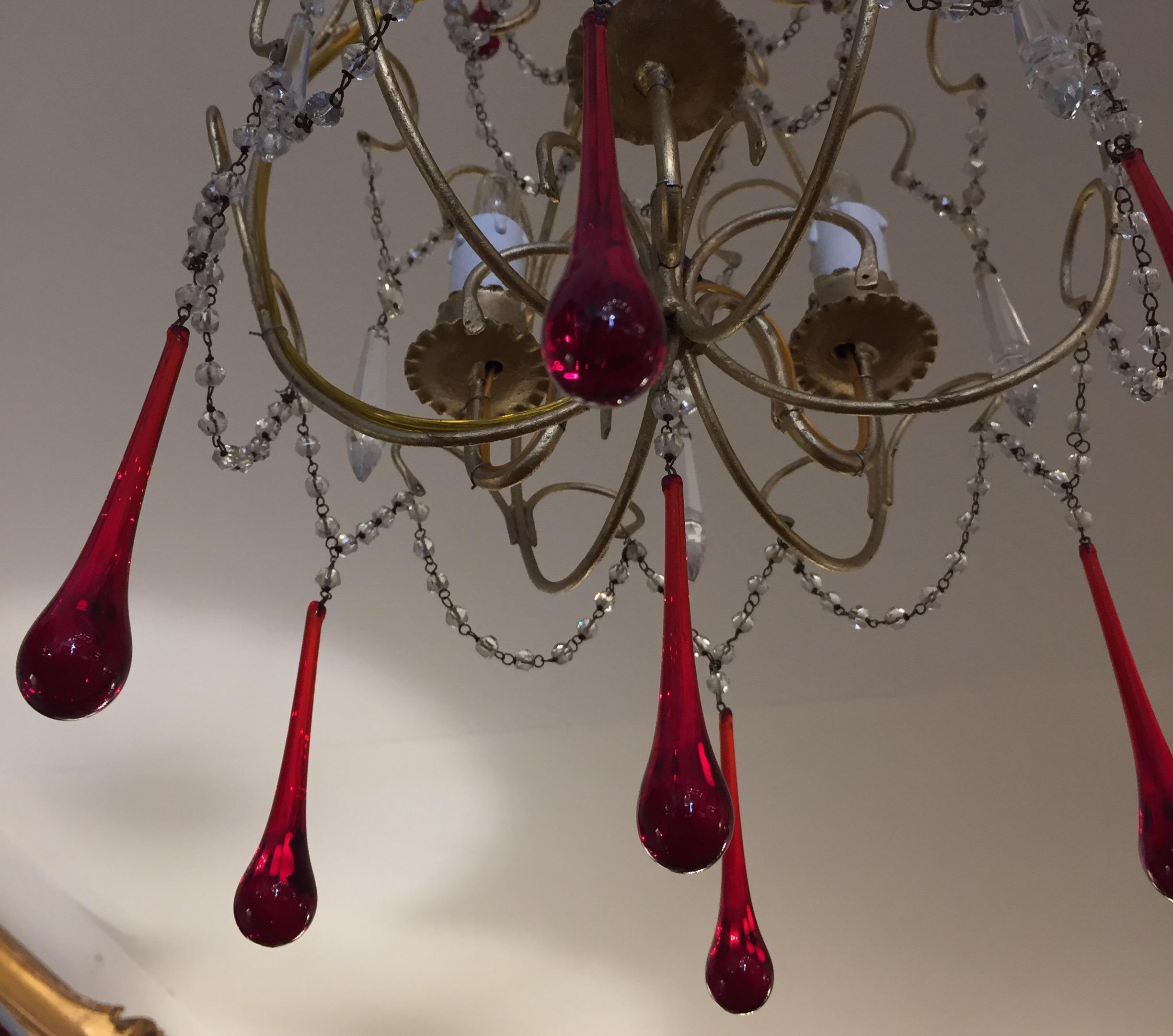 Italian Crystal Chandelier Red Glass Drops Gilt Brass Cage 1970s 13
