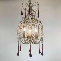 Italian Crystal Chandelier Red Glass Drops Gilt Brass Cage 1970s