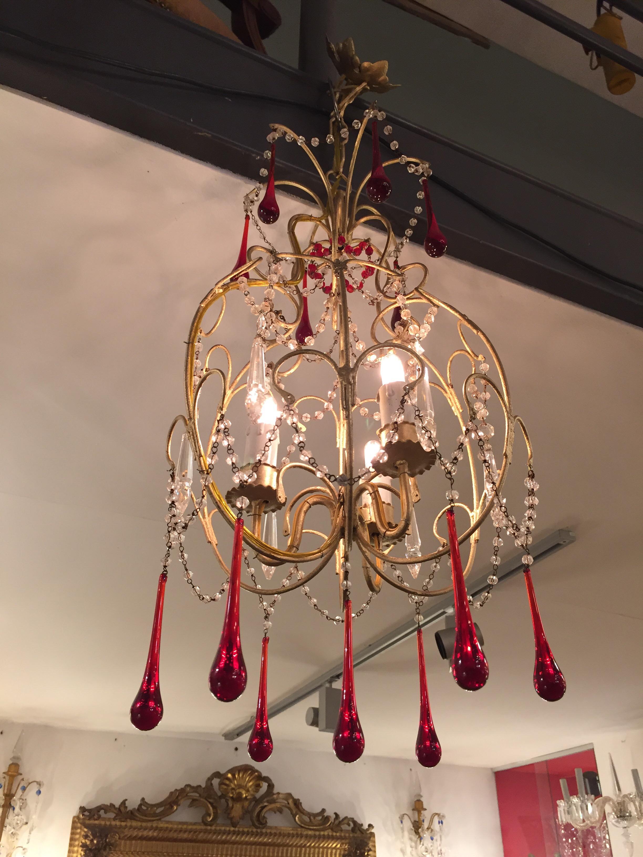 Italian Crystal Chandelier Red Glass Drops Gilt Brass Cage 1970s 5