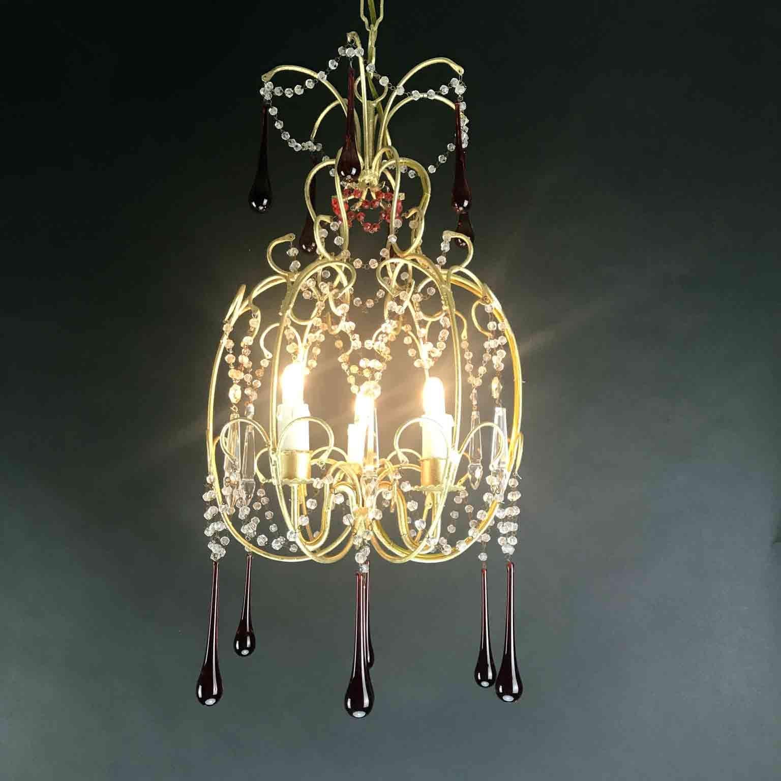 20th Century Italian Crystal Chandelier Red Glass Drops Gilt Brass Cage 1970s