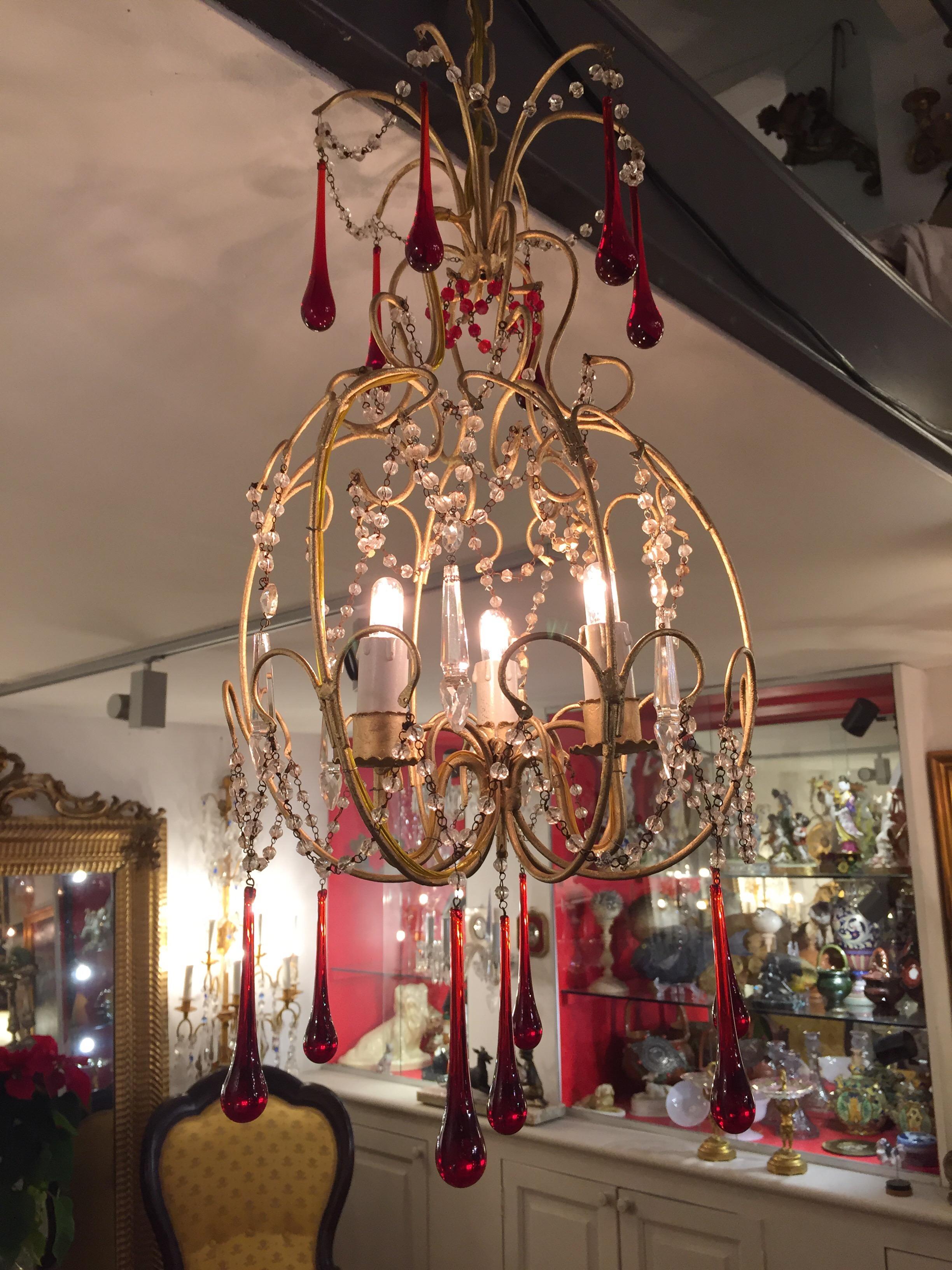 Italian Crystal Chandelier Red Glass Drops Gilt Brass Cage 1970s 6