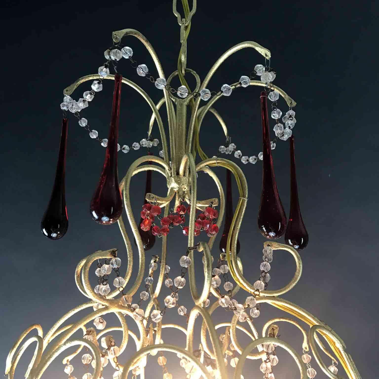Italian Crystal Chandelier Red Glass Drops Gilt Brass Cage 1970s 1