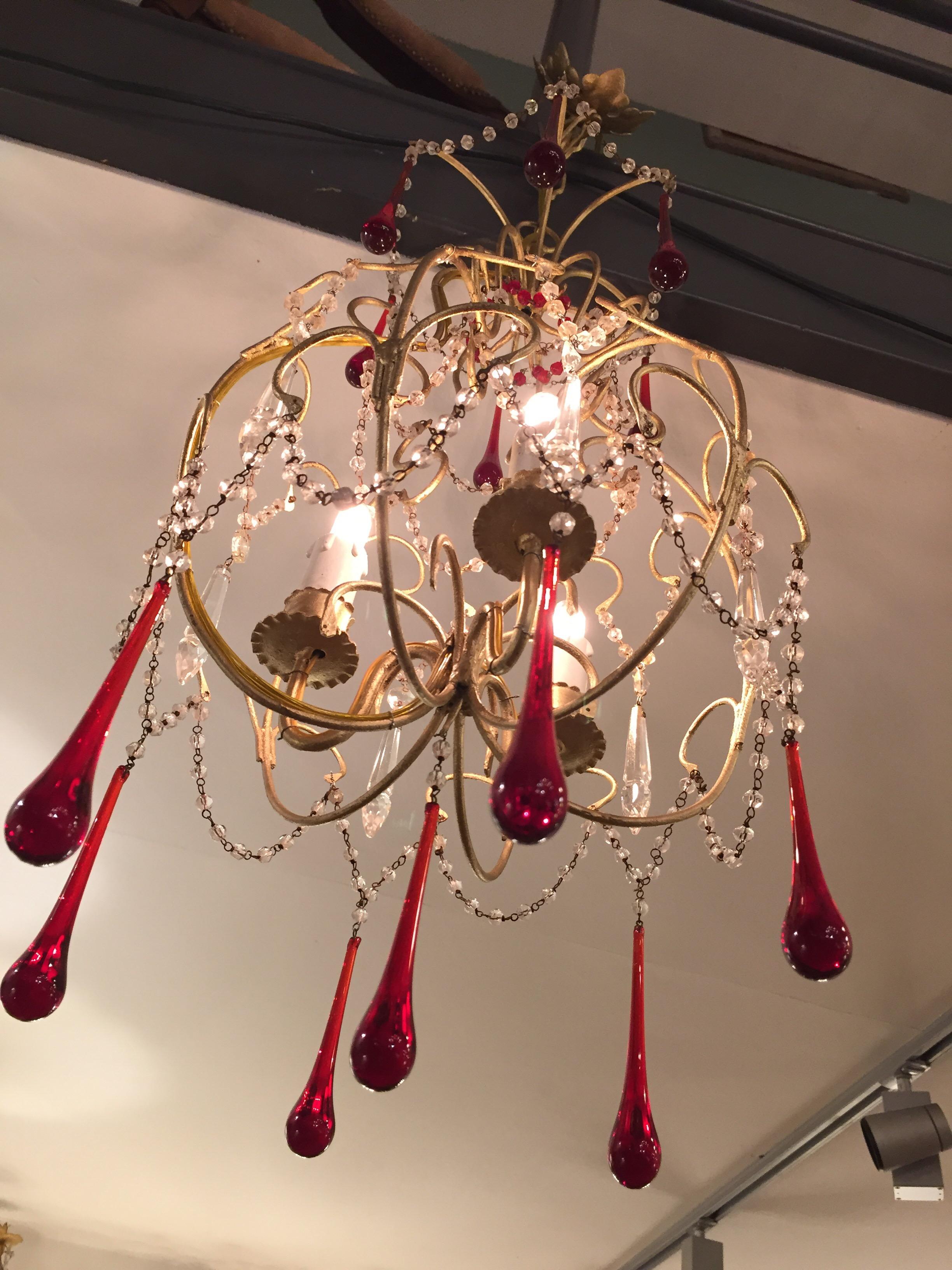 Italian Crystal Chandelier Red Glass Drops Gilt Brass Cage 1970s 7