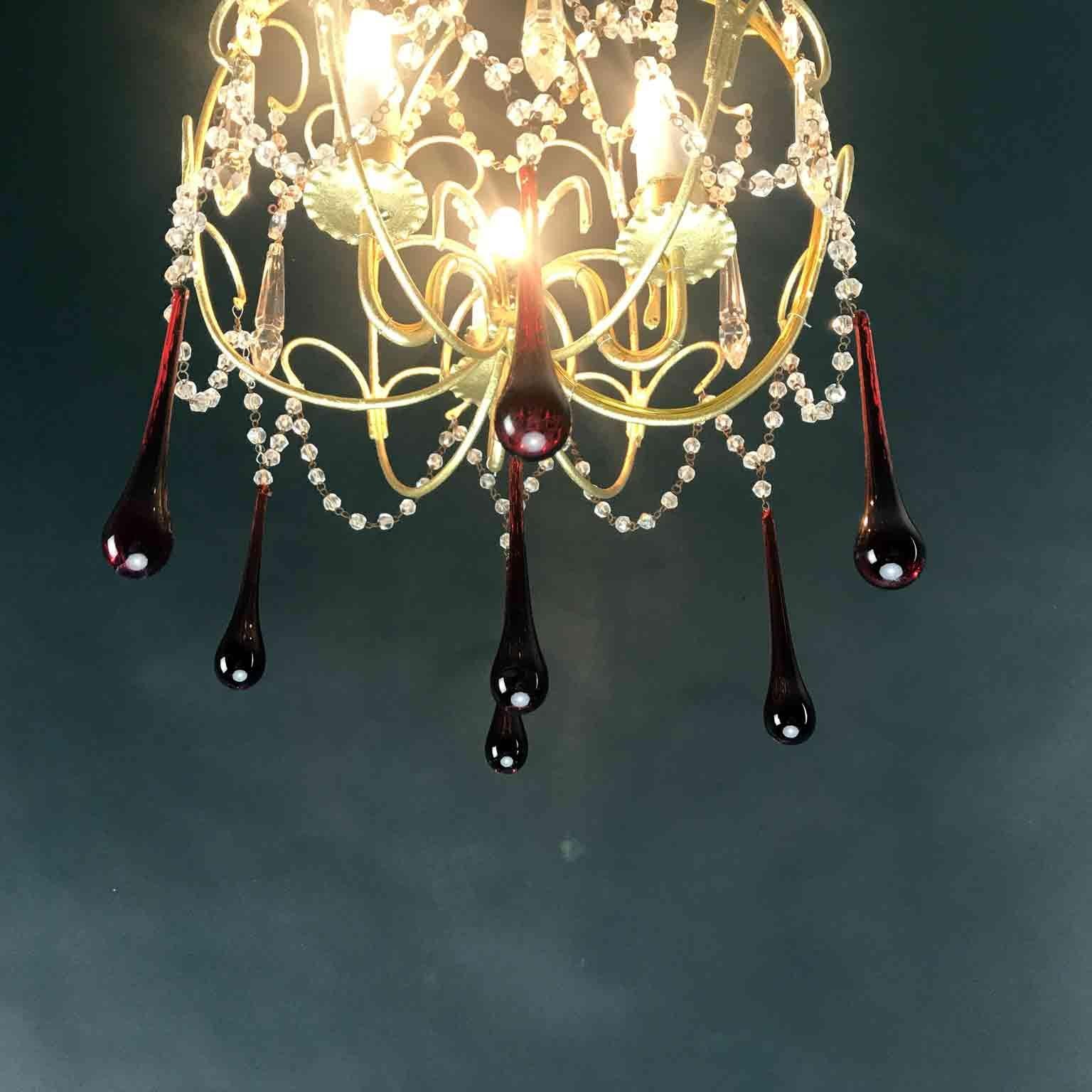 Italian Crystal Chandelier Red Glass Drops Gilt Brass Cage 1970s 2