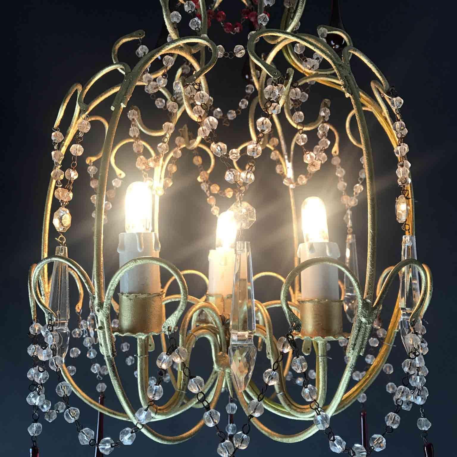 Italian Crystal Chandelier Red Glass Drops Gilt Brass Cage 1970s 3