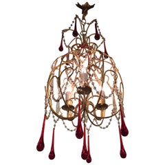 Italian Crystal Chandelier Red Glass Drops Gilt Brass Cage 1970s