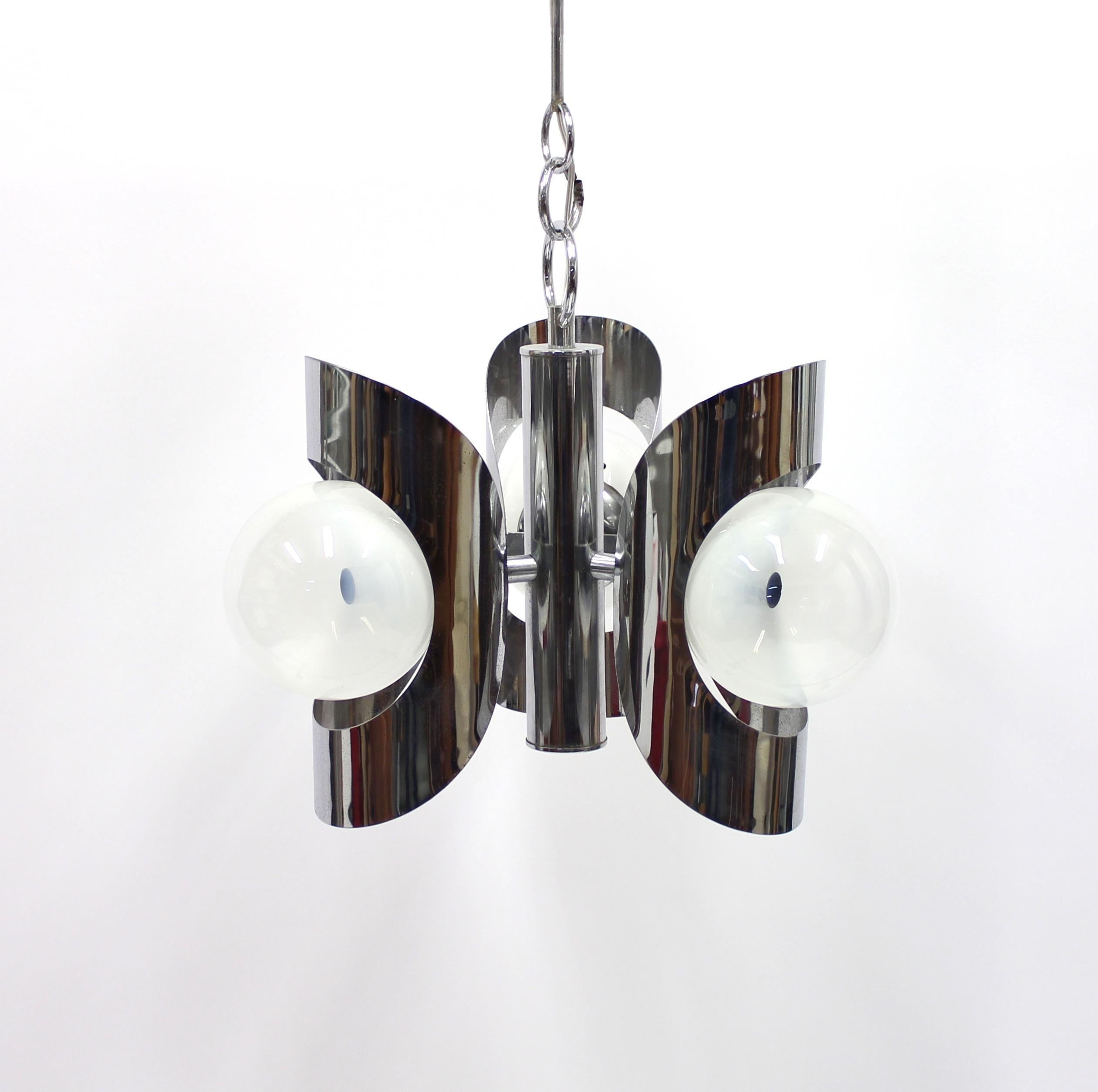 Italian 1960s ceiling light with three faded opaline globes that sits on a chrome-plated construction. Light ware consistent with age and use.