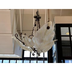 Italian Three-Light Frosted Leaf Glass and Metal Chandelier