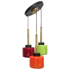 Italian Three-Light Murano Ceiling Lamp with Brass Details, 1950s Italian Three-Light Murano Ceiling Lamp with Brass Details, 1950s