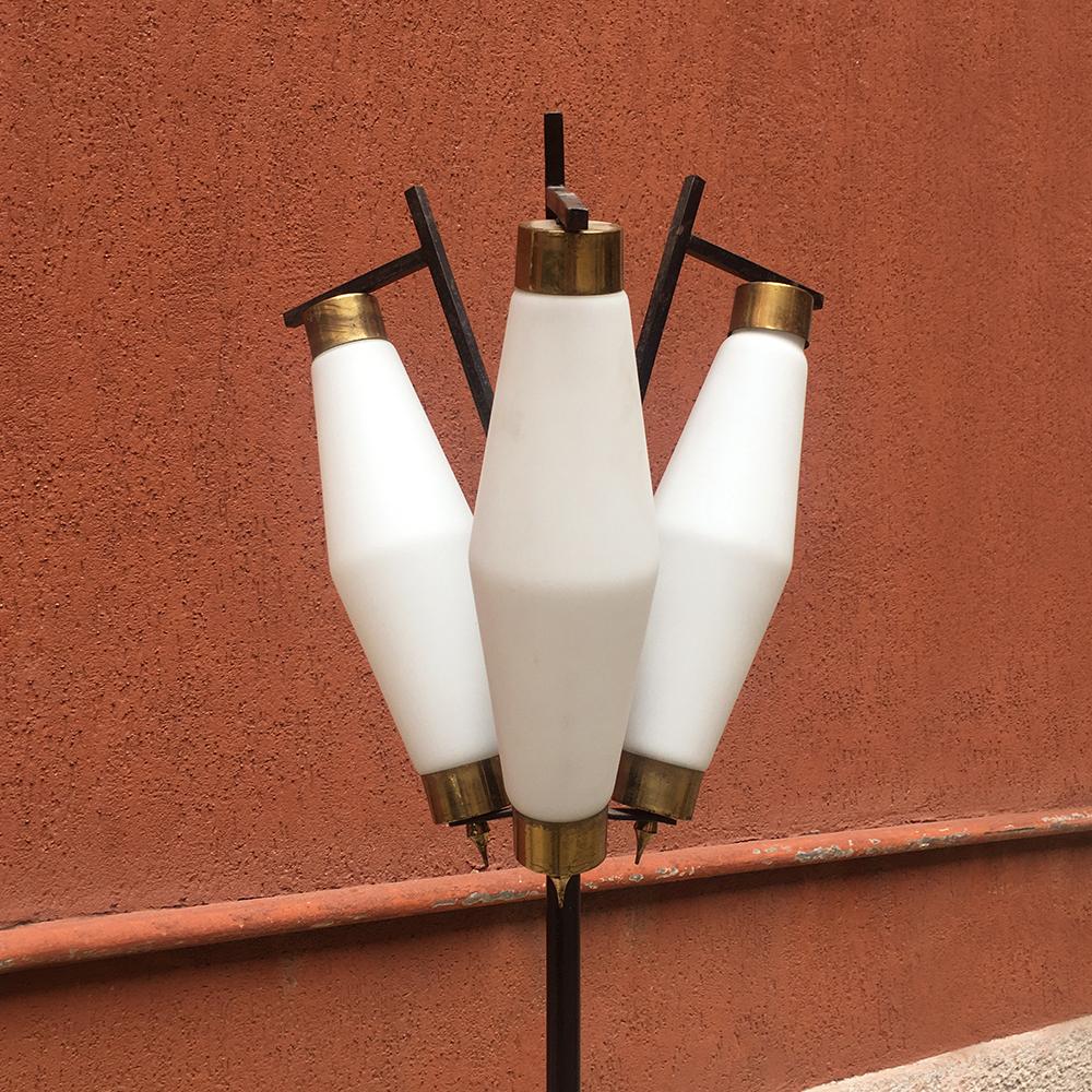 Italian Three-Light Metal, Brass and Opaline Glasses Floor Lamp, 1950s In Good Condition In MIlano, IT