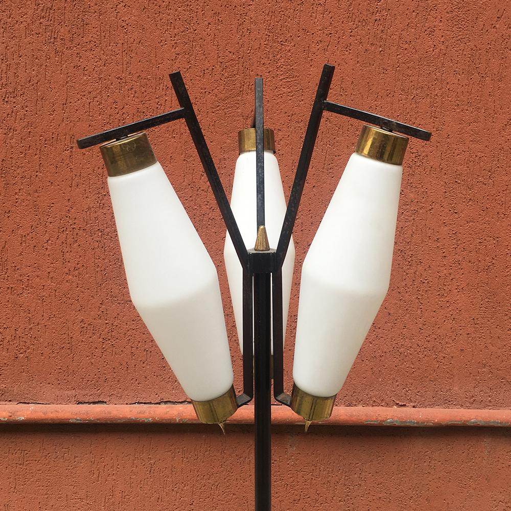 Mid-20th Century Italian Three-Light Metal, Brass and Opaline Glasses Floor Lamp, 1950s