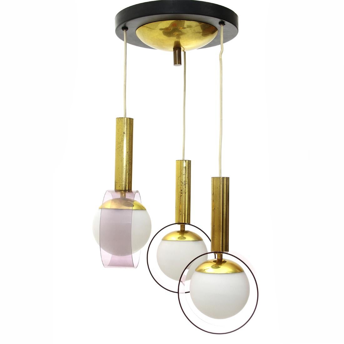 Italian Three Pendants in Brass and Opaline Glass Lamps by Stilux, 1960s In Good Condition In Savona, IT