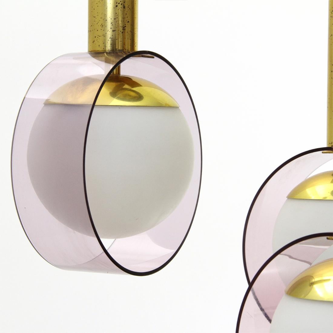 Mid-20th Century Italian Three Pendants in Brass and Opaline Glass Lamps by Stilux, 1960s