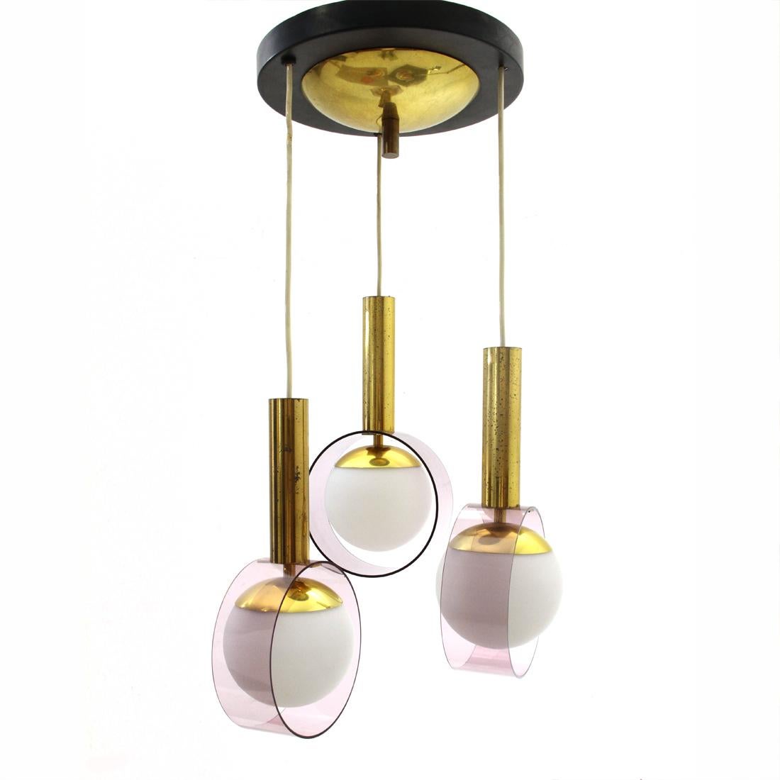 Metal Italian Three Pendants in Brass and Opaline Glass Lamps by Stilux, 1960s