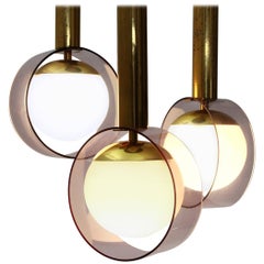Italian Three Pendants in Brass and Opaline Glass Lamps by Stilux, 1960s