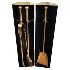 Italian Three-Piece Brass Vintage Fireplace Fire Tool Set with Cylinder Stand