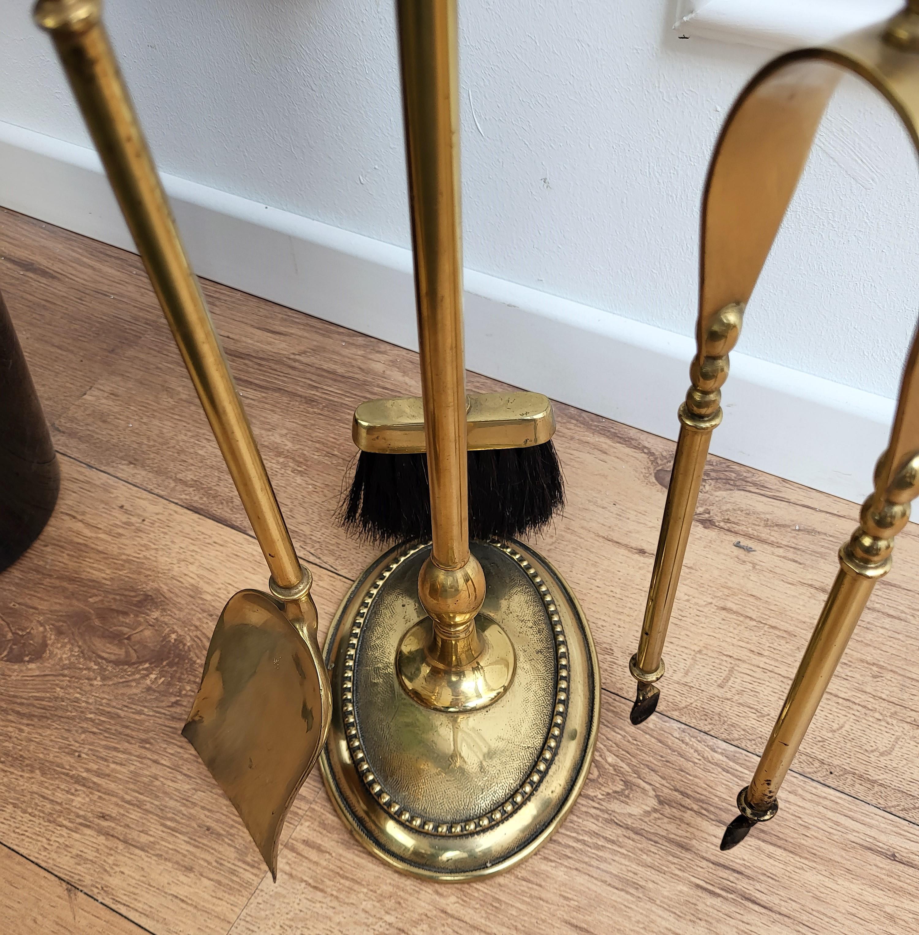 20th Century Italian Three-Pieces Brass Vintage Fireplace Fire Tool Set with Stand