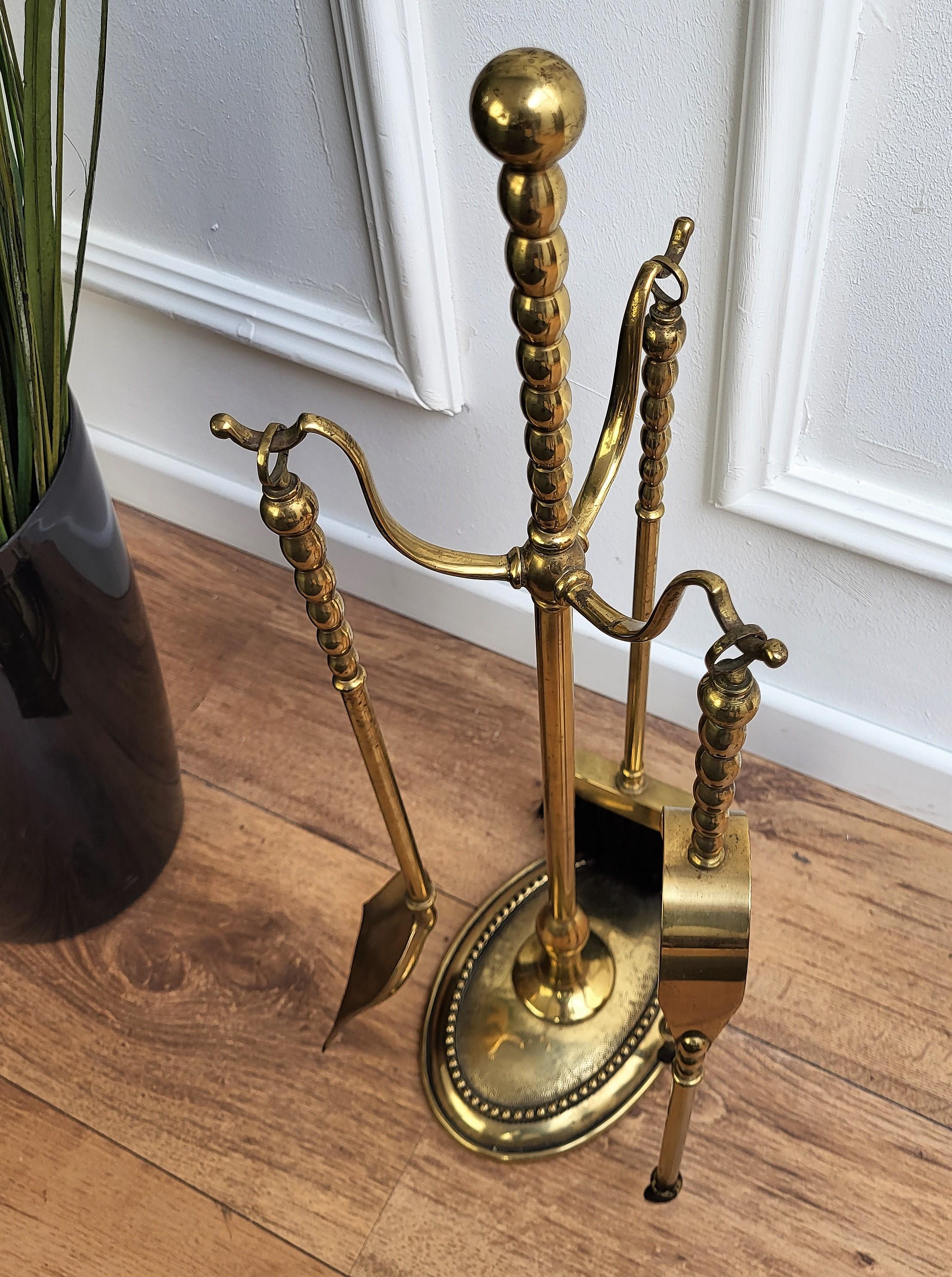 Italian Three-Pieces Brass Vintage Fireplace Fire Tool Set with Stand 1