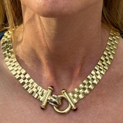 Italian Three Row 14 Karat Yellow Gold Flat Link Necklace Ruby Gemstone Accents