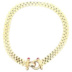 Vintage Italian Three Row 14 Karat Yellow Gold Flat Link Necklace Ruby Gemstone Accents