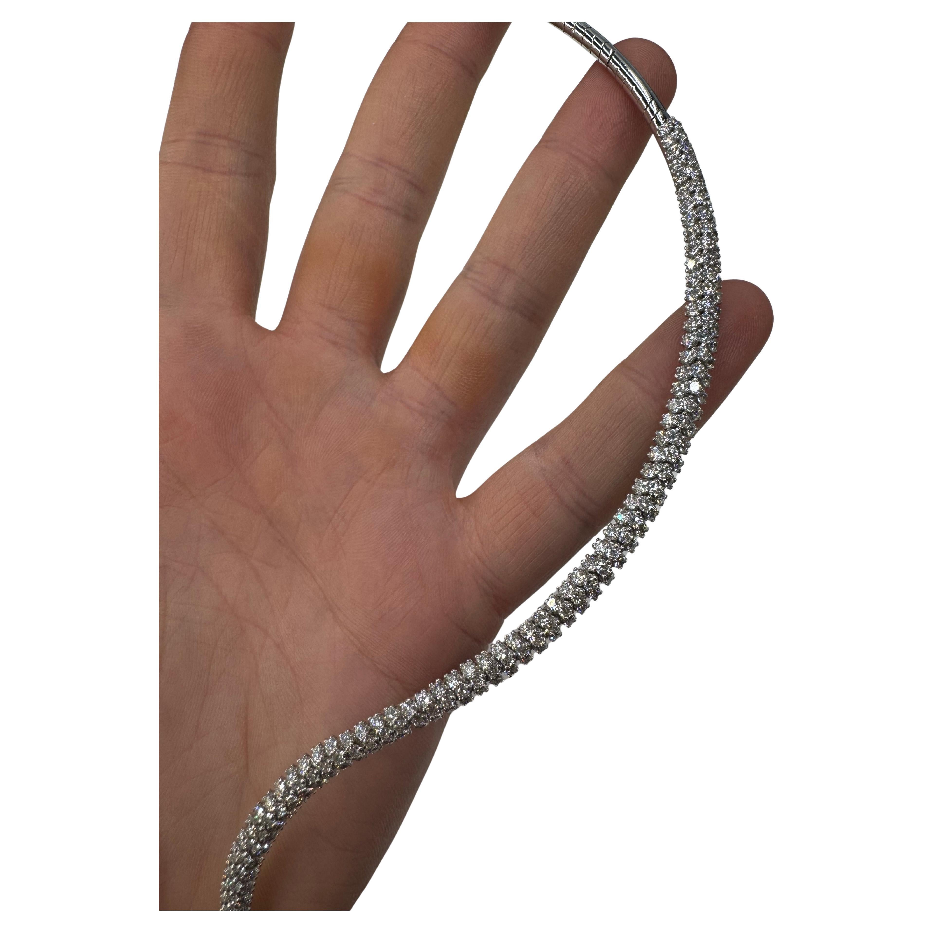 Contemporary Italian Three Row Split Drop Necklace 9.68 Carats F-G VS2 18 Karat White Gold For Sale