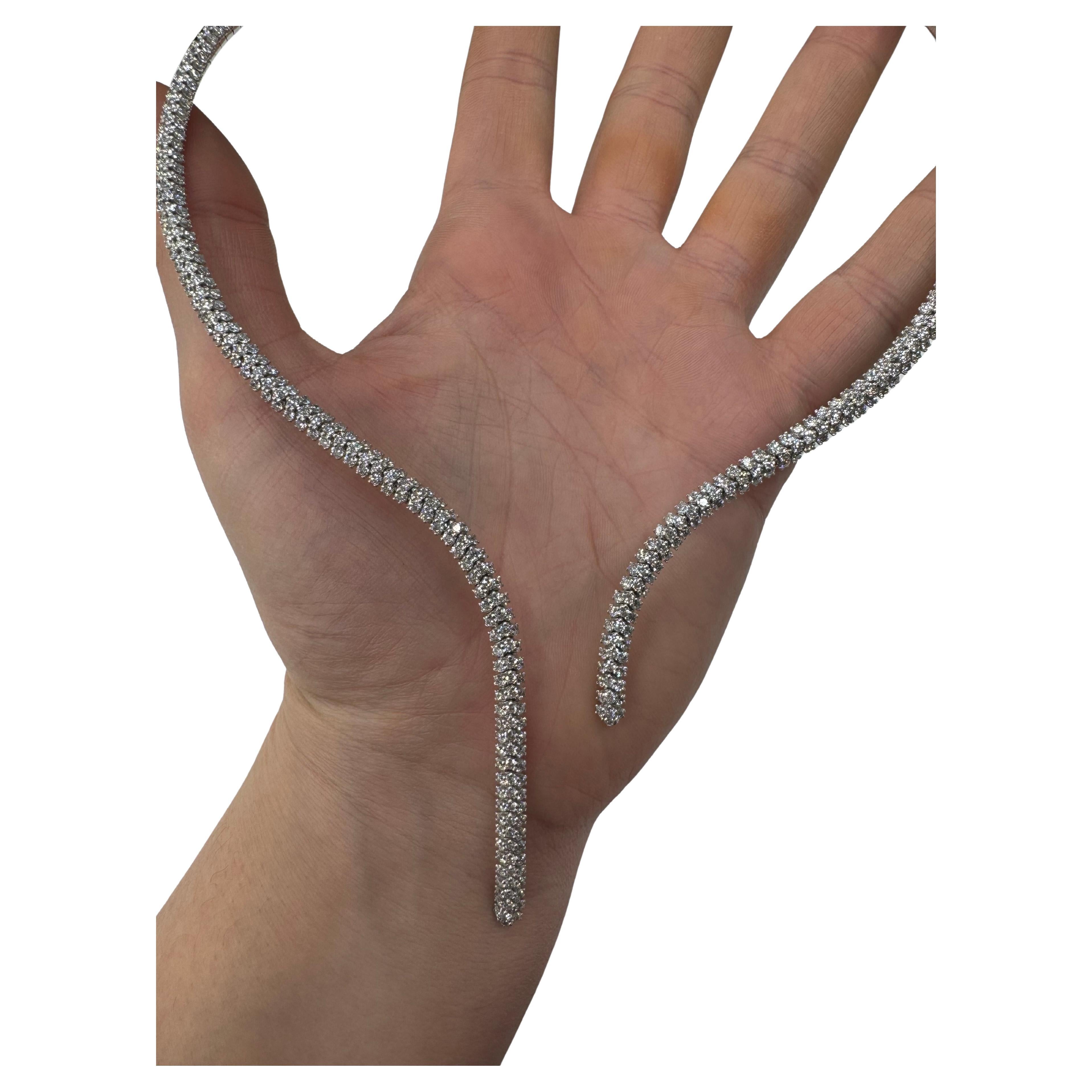 Round Cut Italian Three Row Split Drop Necklace 9.68 Carats F-G VS2 18 Karat White Gold For Sale