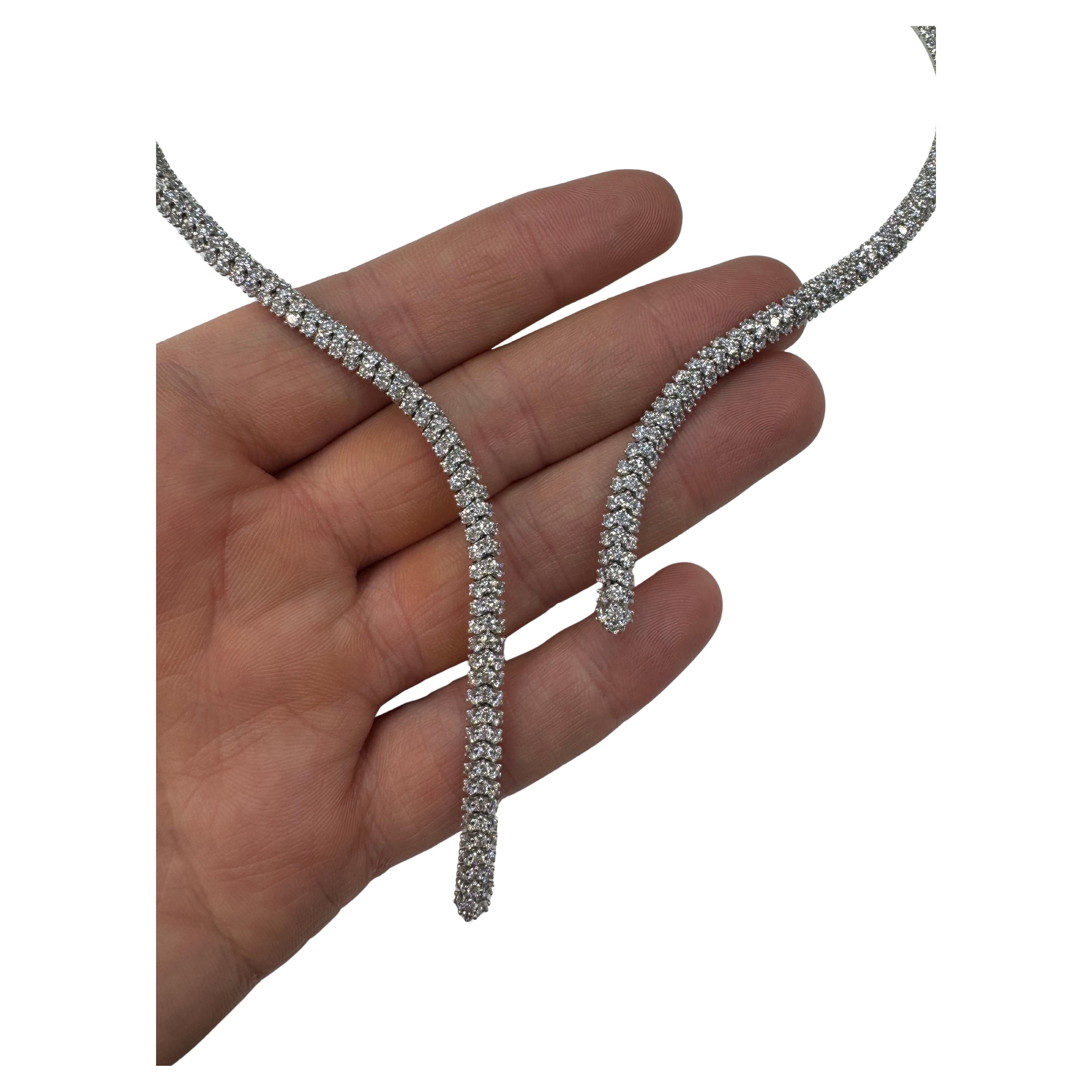 Italian Three Row Split Drop Necklace 9.68 Carats F-G VS2 18 Karat White Gold For Sale 1
