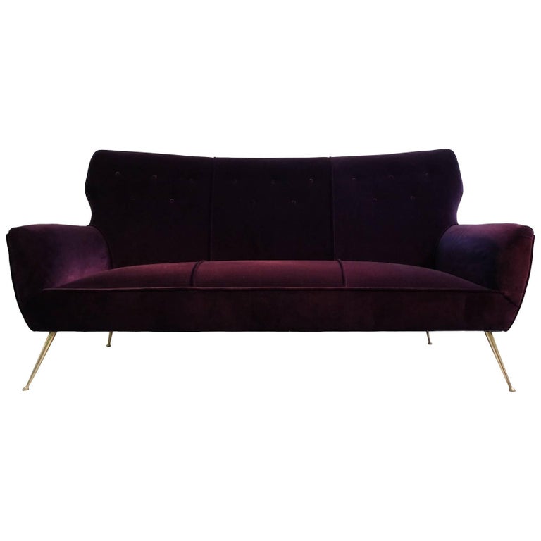 Italian ThreeSeat Aubergine Velvet Sofa with Brass Feet, 1950s For