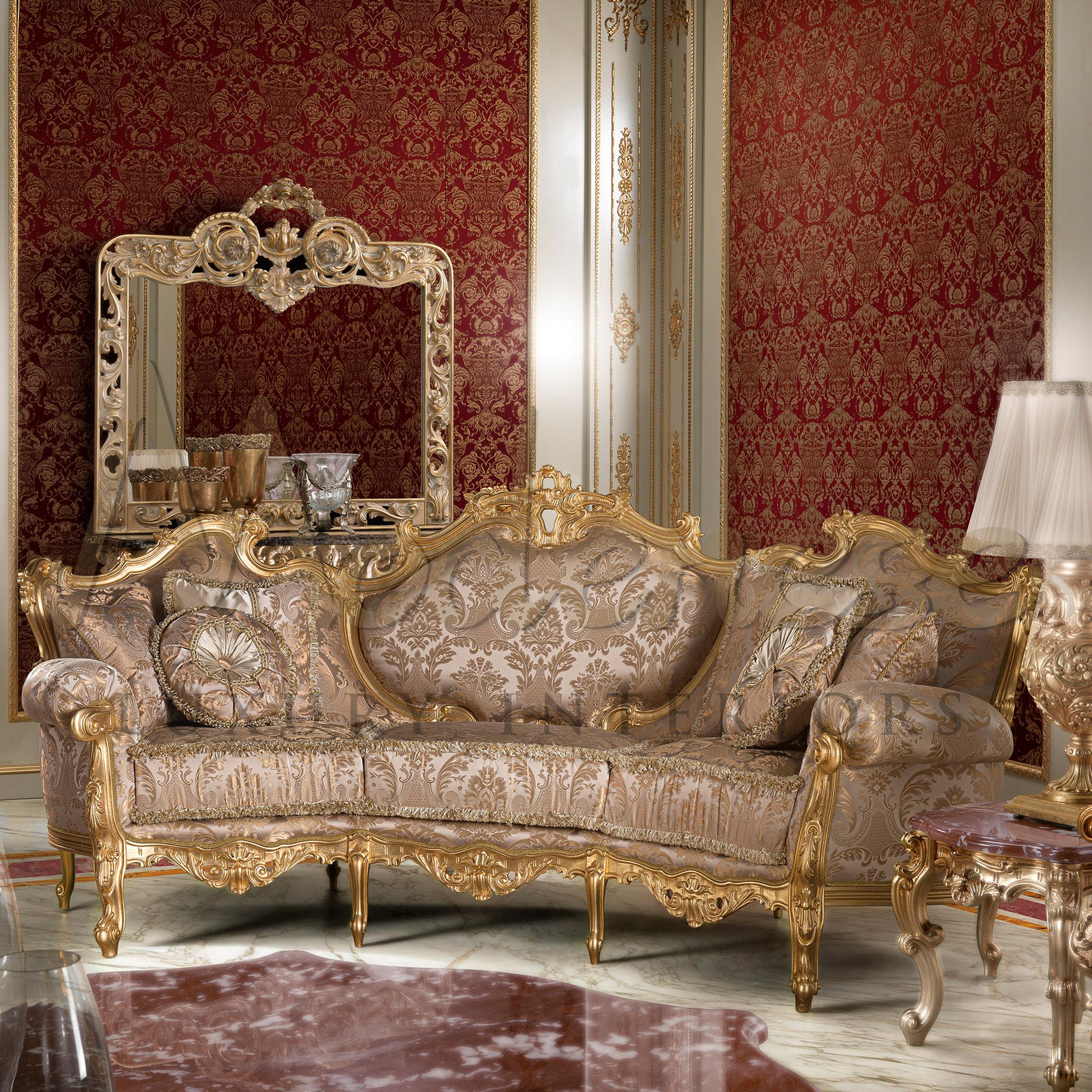 Bringing the royal elegance to your living space with the dramatic silhouette of this three seater classic French palace style sofa. The ornate design over legs and seating crown are meticulously hand carved and gilded by our experienced artisans.