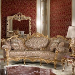 Italian Three-Seat Deluxe Sofa in Top Quality Massive Wood with Gold Leaf Decor