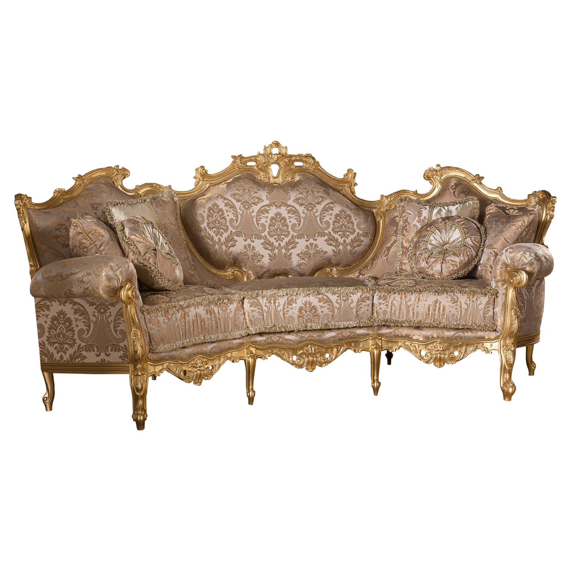 Italian Three-Seat Deluxe Sofa in Top Quality Massive Wood with Gold Leaf Decor For Sale