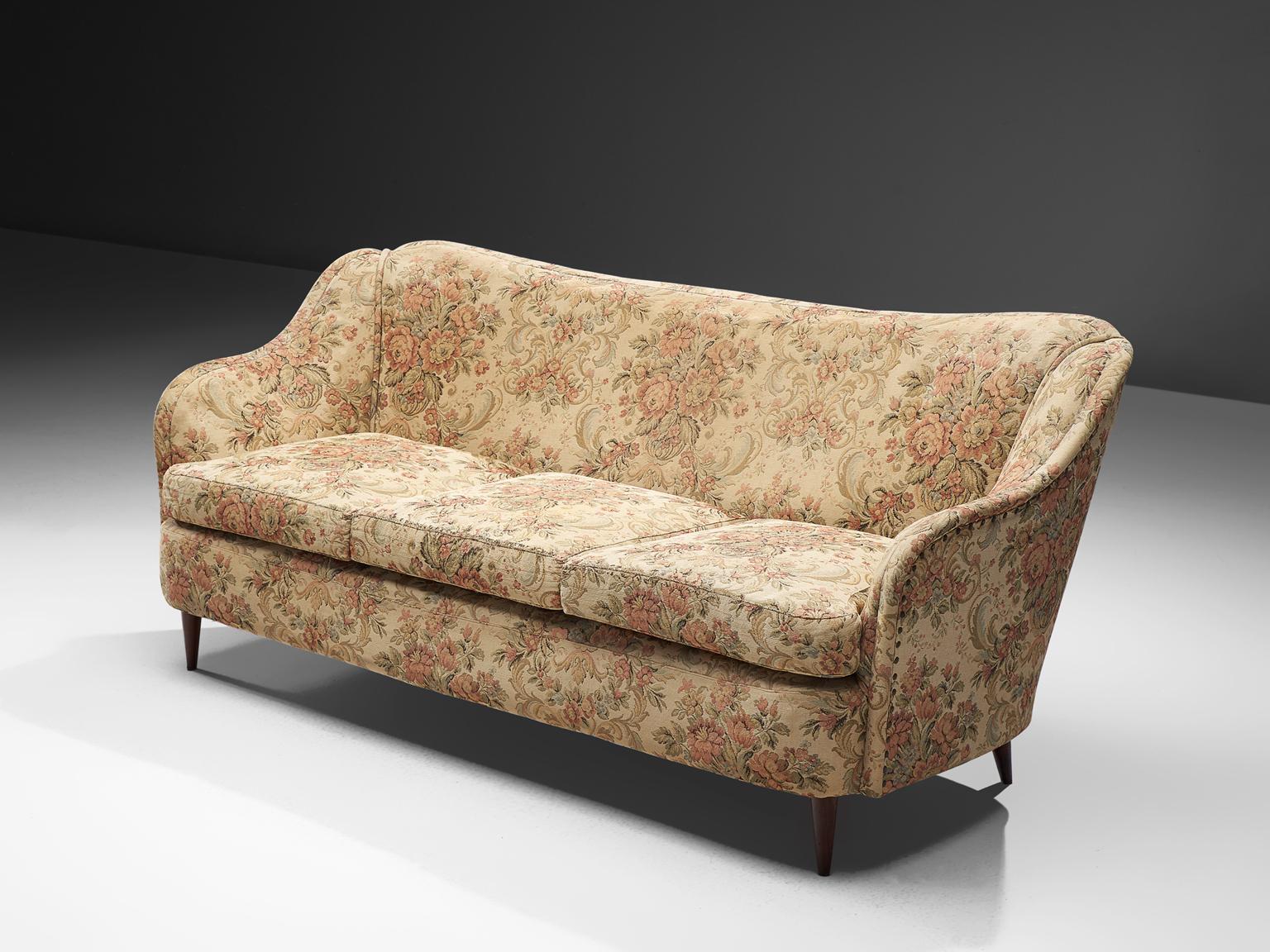 Mid-Century Modern Italian Three-Seat Sofa with Floral Upholstery