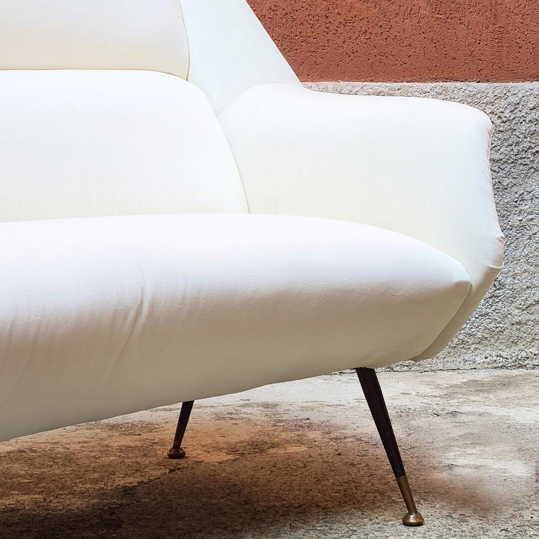 Italian three seat white velvet curved sofa with metal leg and brass tips, 1950s 1