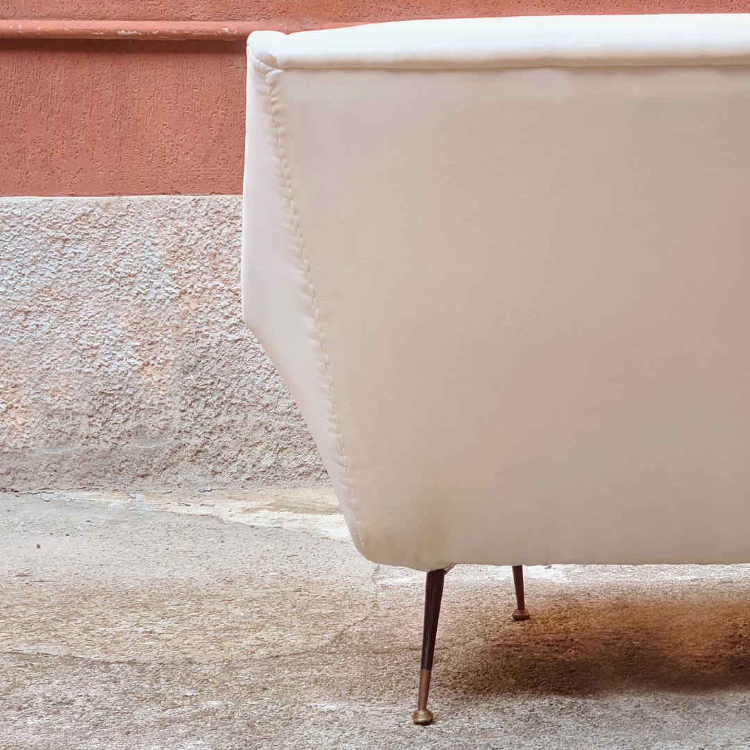 Italian three seat white velvet curved sofa with metal leg and brass tips, 1950s 3