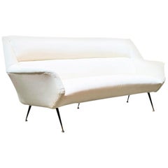 Italian three seat white velvet curved sofa with metal leg and brass tips, 1950s