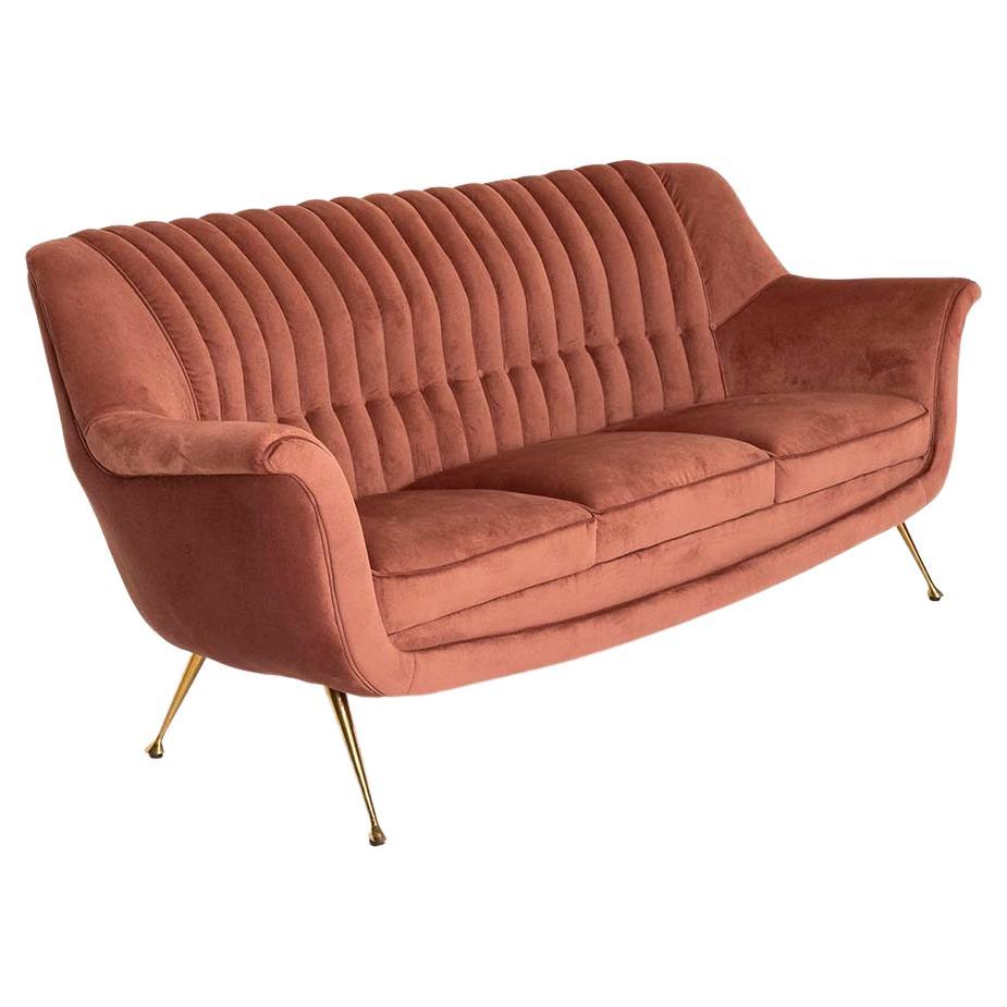 Italian Three-Seater Sofa in Pink Velvet and Brass, 1950s