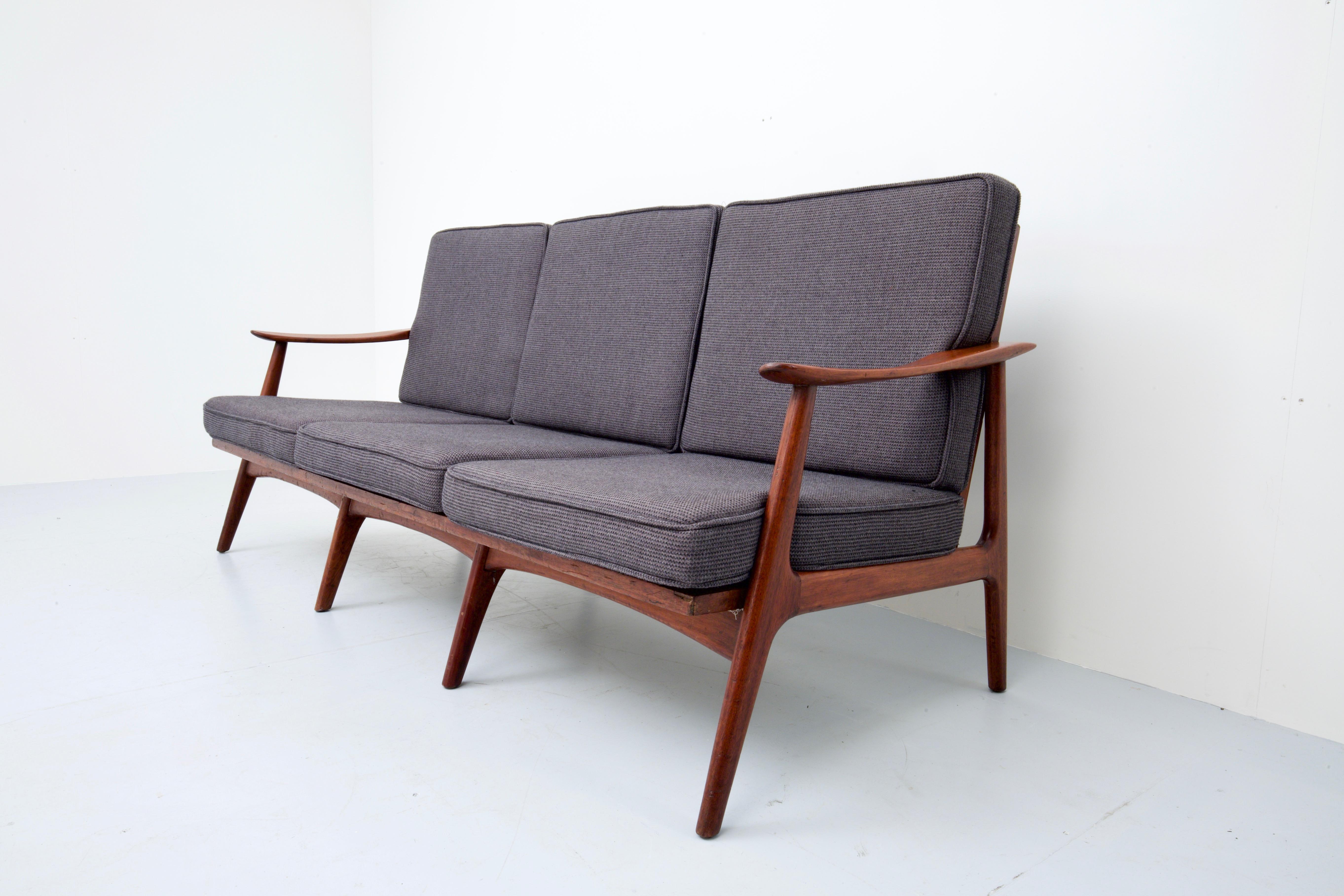 Mid-Century Modern Italian Three-Seat Sofa with Armrests in Patinated Oak and Fabric, 1960s For Sale